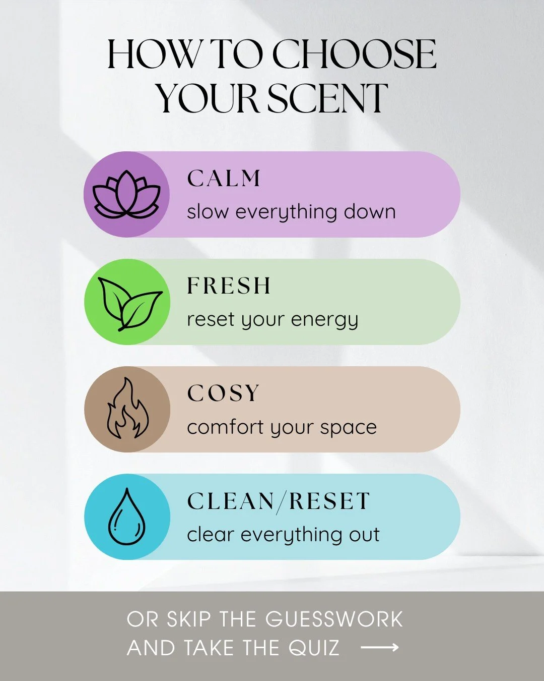 Not sure which scent to choose?
We made it simple ✨

💜 Calm &rarr; slow everything down
💚 Fresh &rarr; reset your energy
🤍 Cosy &rarr; comfort your space
🩵 Clean Reset &rarr; clear everything out

Or skip the guessing and take the quiz 🤍 Comment