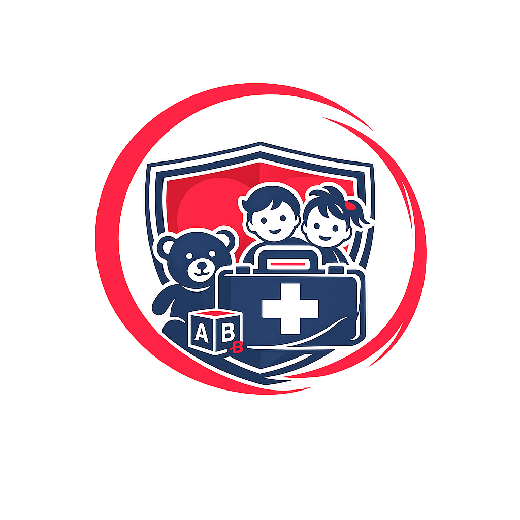 A logo featuring two children, a teddy bear, and a medical kit with a white cross, enclosed in a shield, with a red background and circular red border.