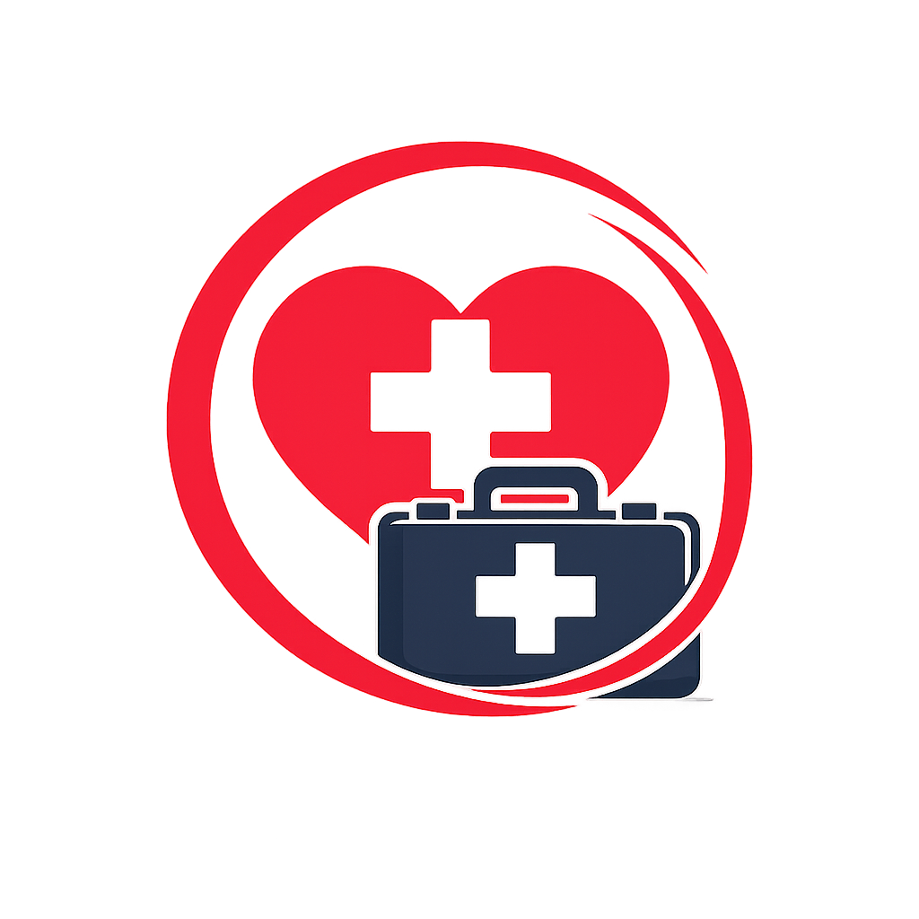 A heart with a white medical cross inside, and a medical briefcase with a white cross in front of the heart, symbolizing healthcare or medical services.
