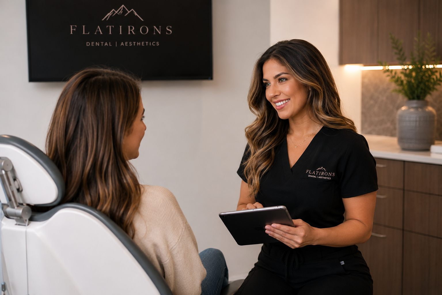 A dental appointment at Flatirons Dental Aesthetics, with a dentist and a patient in consultation within a modern dental office.