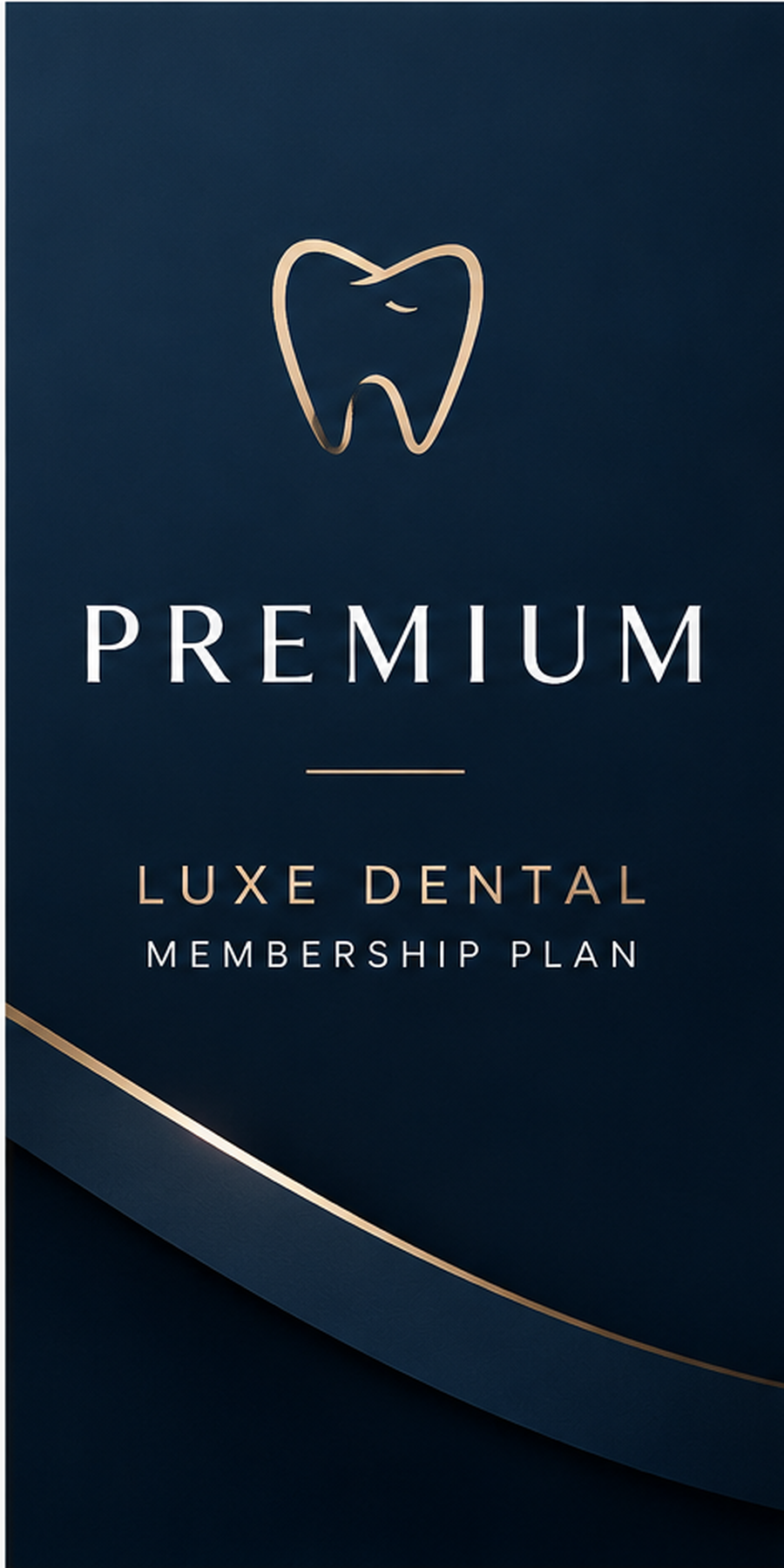 Dark blue background dental membership plan card with an outline of a tooth at the top and gold and white text reading "Premium Luxe Dental Membership Plan."