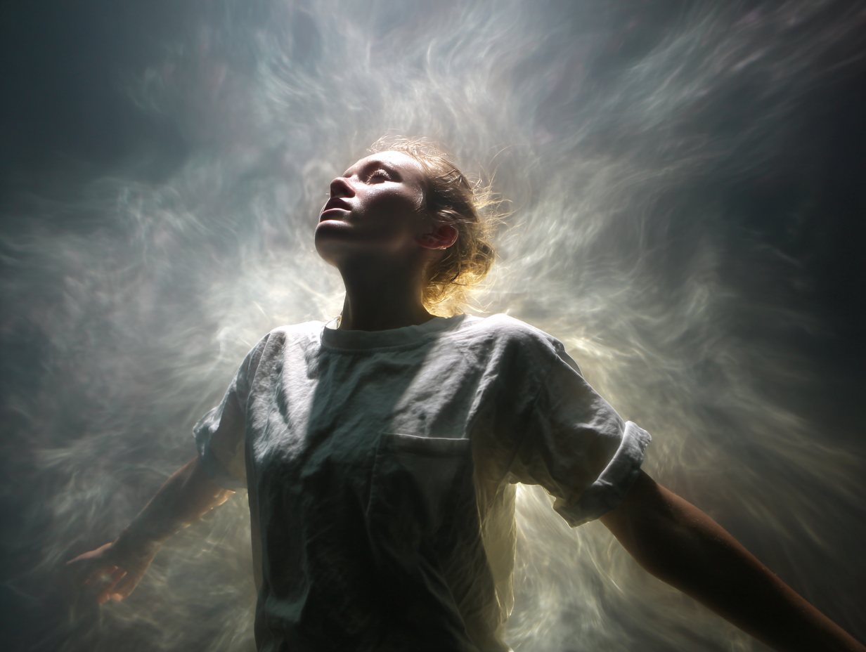 A woman with blonde hair in a bun, wearing a white t-shirt, is submerged in water with light creating swirling patterns around her face and body.