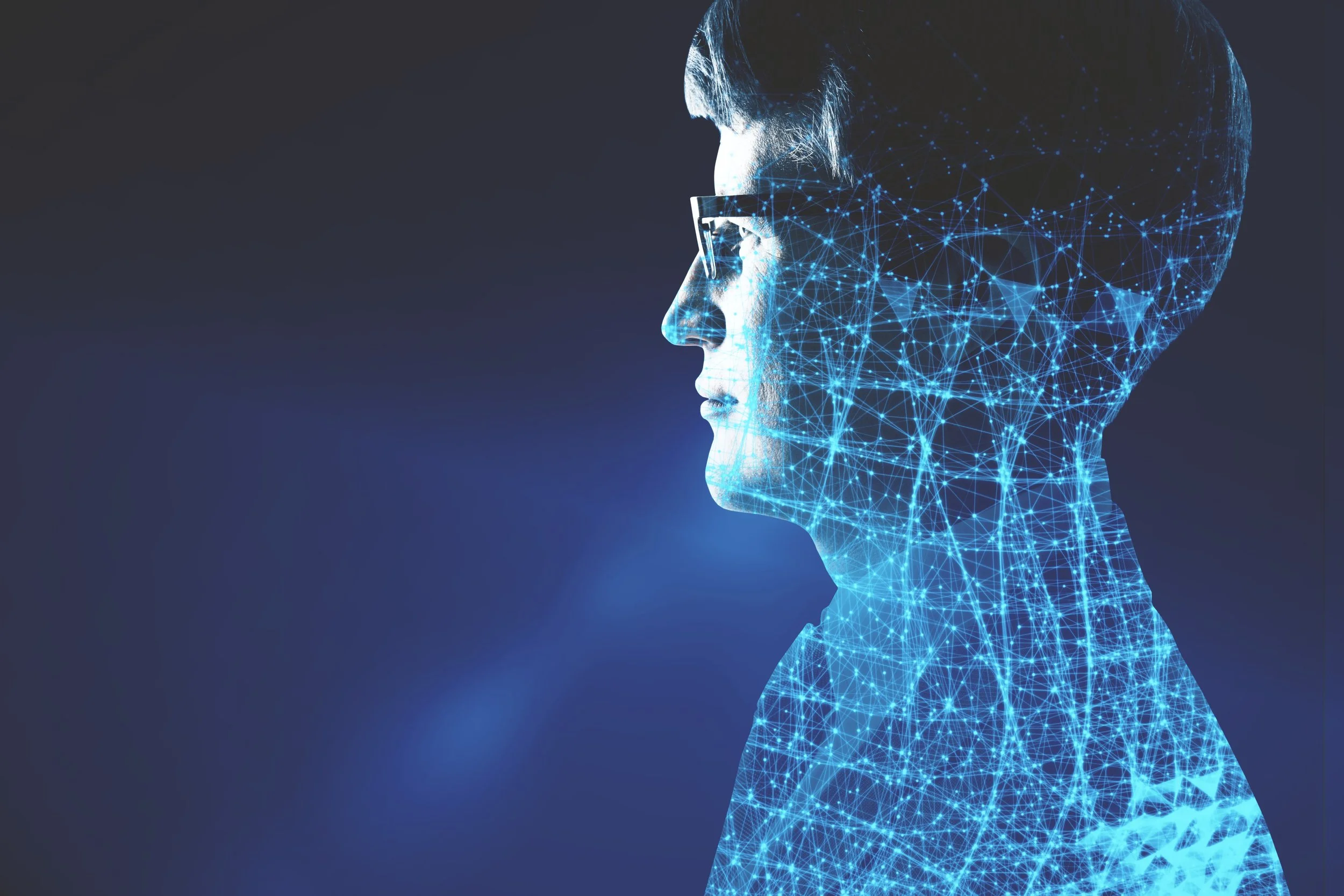 Digital illustration of a woman in profile with her face and body outlined by glowing blue interconnected lines and dots, resembling a neural network or digital data.
