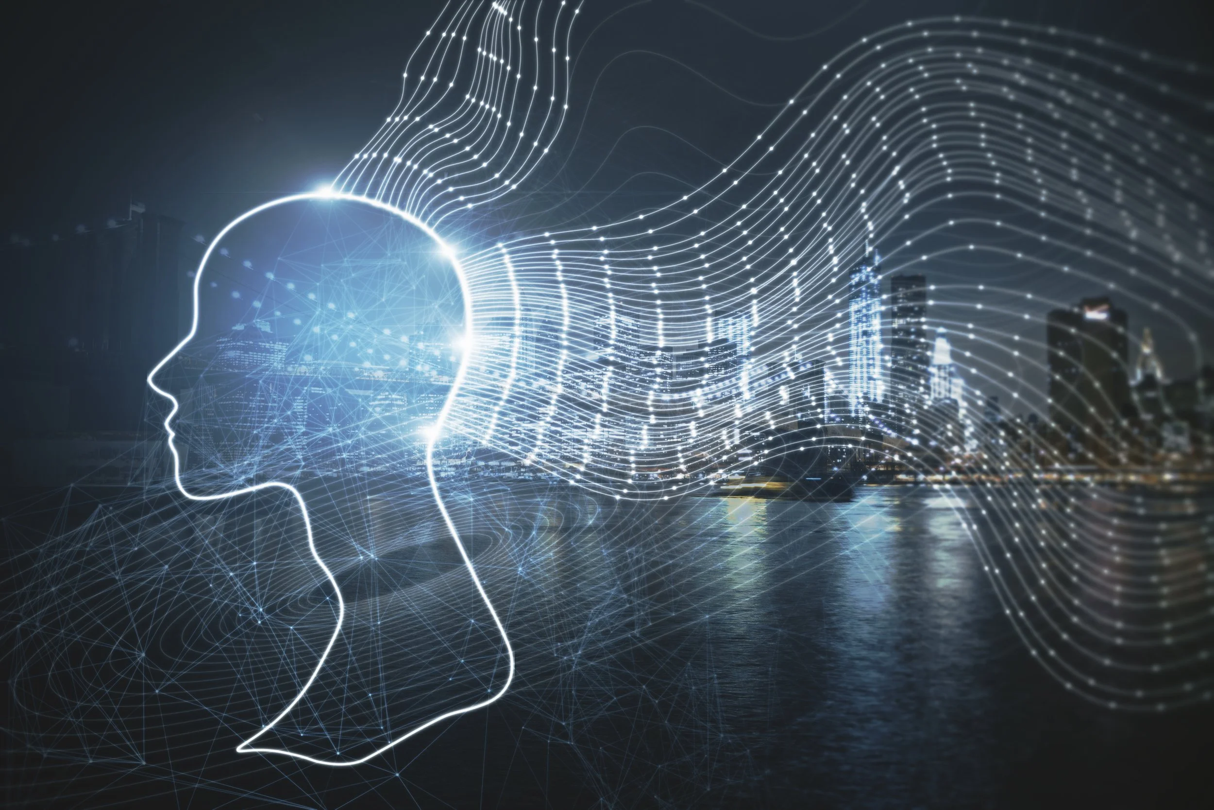 A digital illustration of a human head outline with interconnected lines and dots representing artificial intelligence, with a city skyline and waterfront in the background.