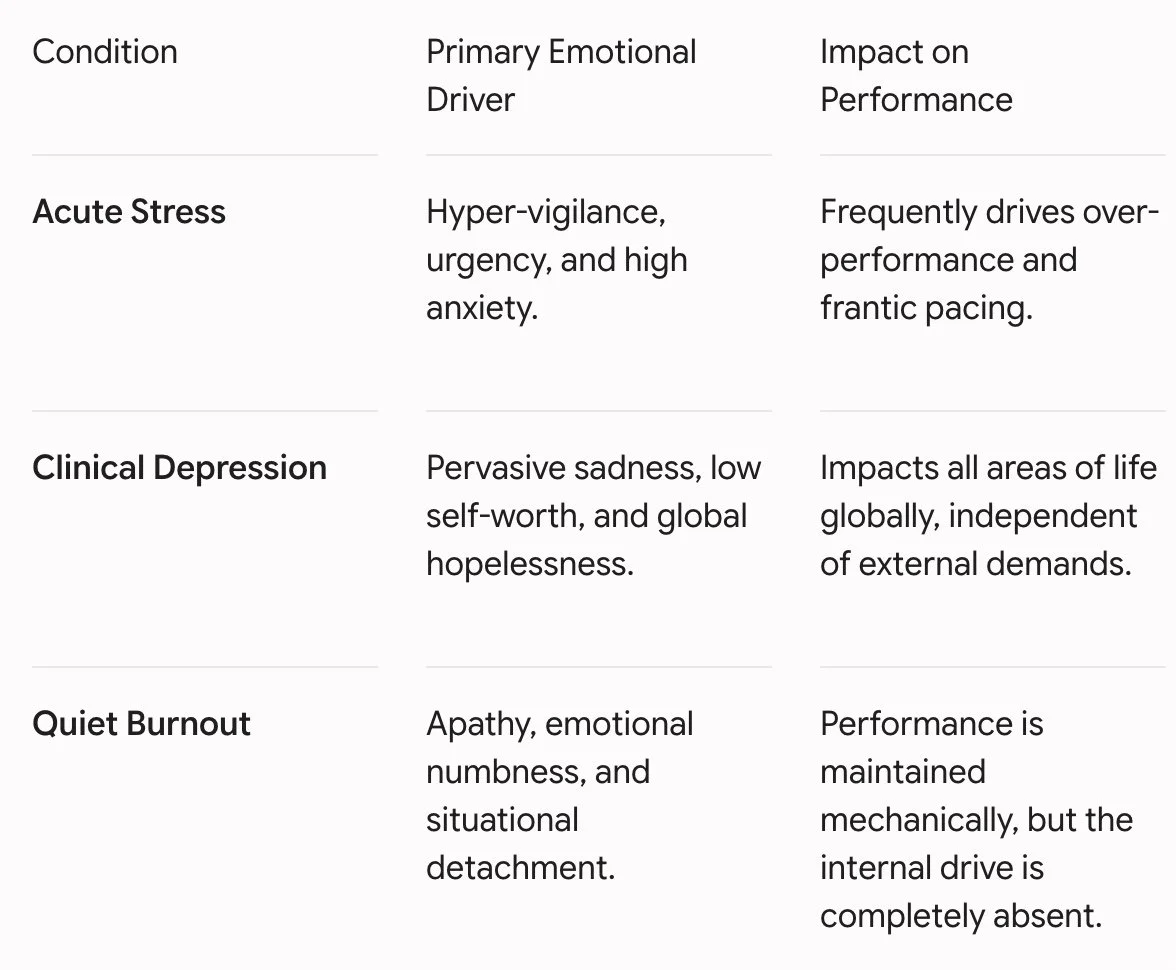 chart listing stress, burnout and depression symptoms.