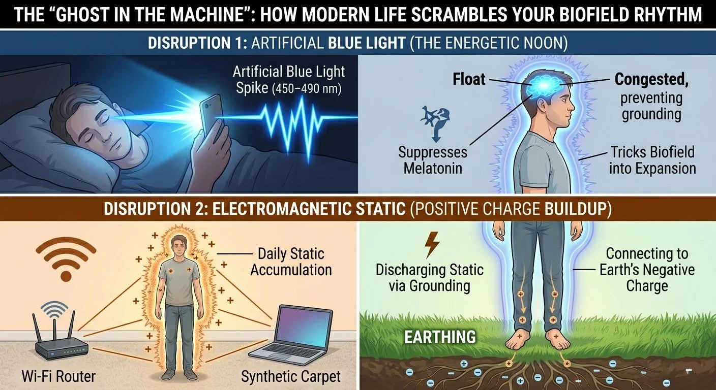 blue light and electromagnetic static build up positive charge
