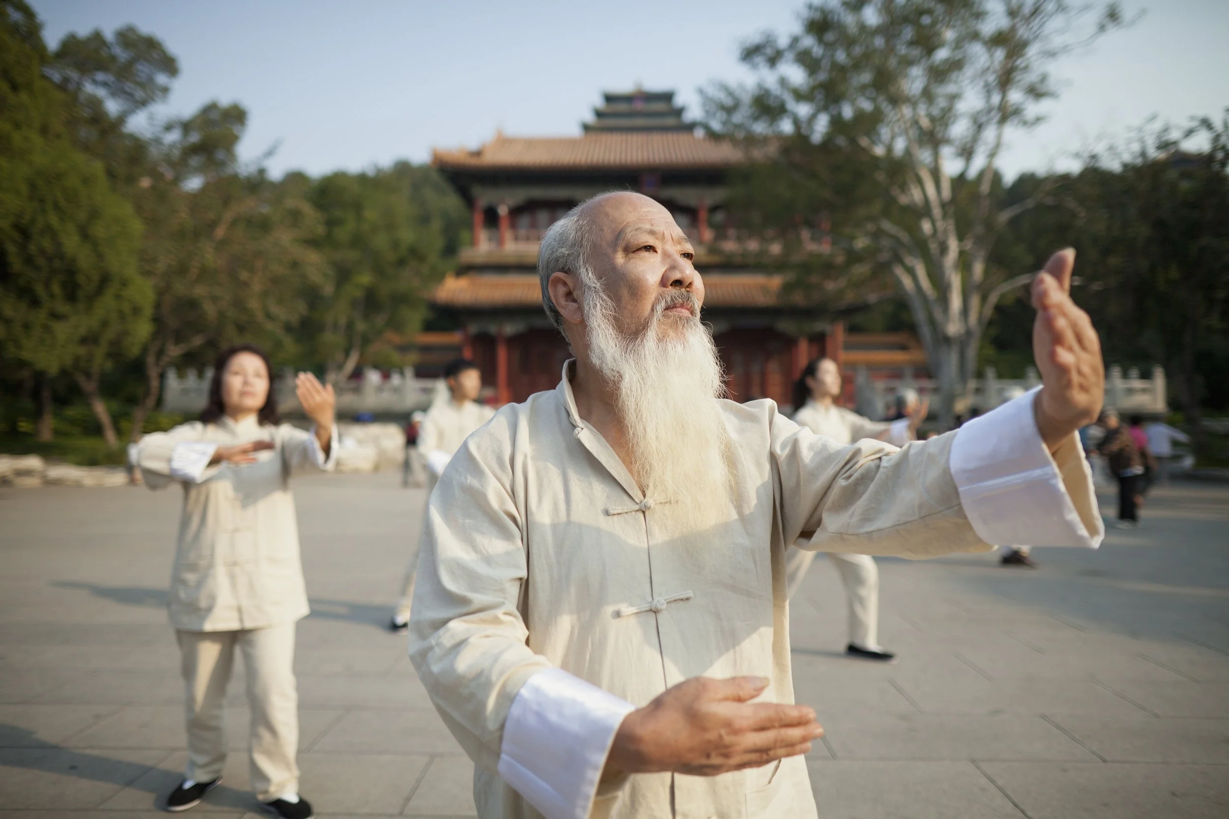An elderly man practicing Tai Chi outdoors in a traditional Asian setting, with a multi-tiered pagoda and lush trees in the background, surrounded by other practitioners.