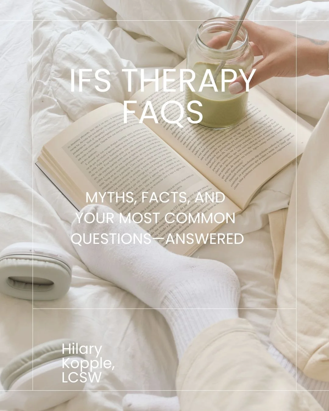 woman reading a book with a glass of matcha on a bed in her socks bed is white after doing ifs therapy nyc