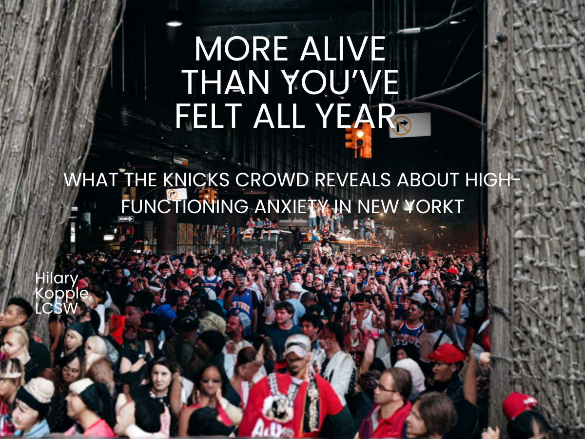 Crowd of Knicks fans celebrating outside Madison Square Garden during NBA Finals watch party