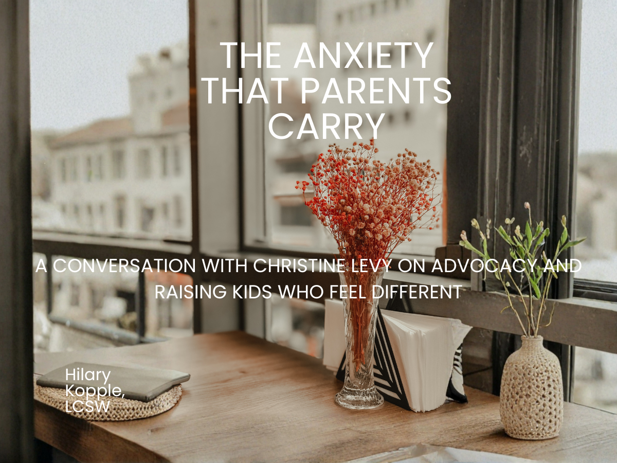 Title card reading 'The Anxiety Parents Carry' over a desk scene with dried flowers and books, for a blog post on parental anxiety