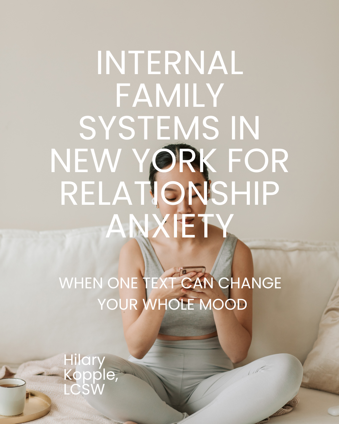 woman in workout clothes on her phone after internal family systems therapy in new york