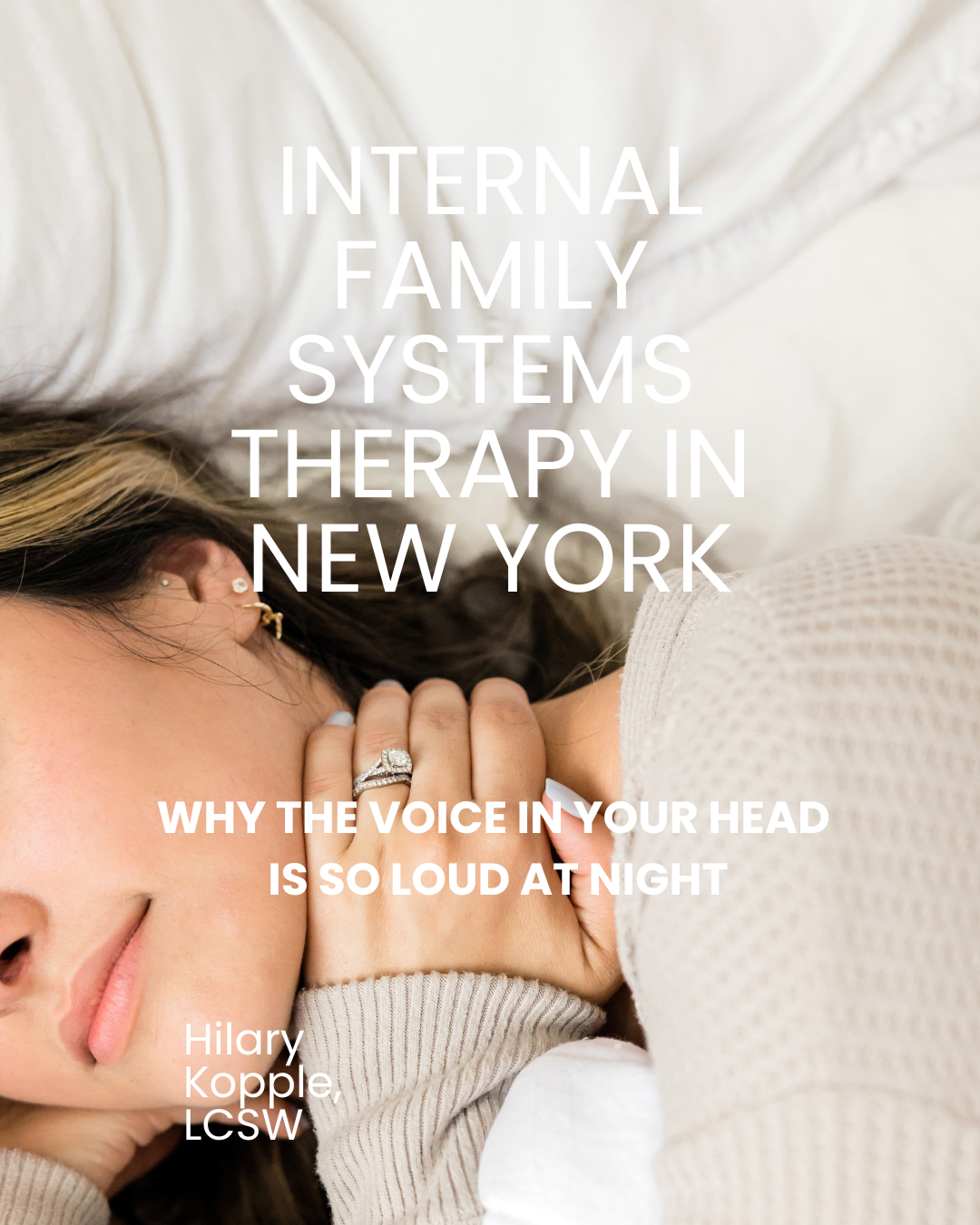woman sleeping white pillow brown sweater after internal family systems therapy in new york