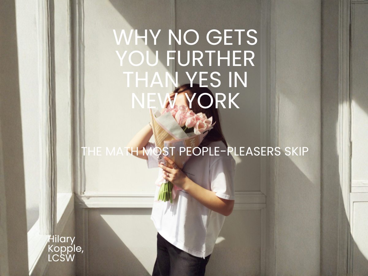 People-Pleasing Therapy NYC blog graphic with a woman holding a bouquet of pink tulips against a sunlit wall