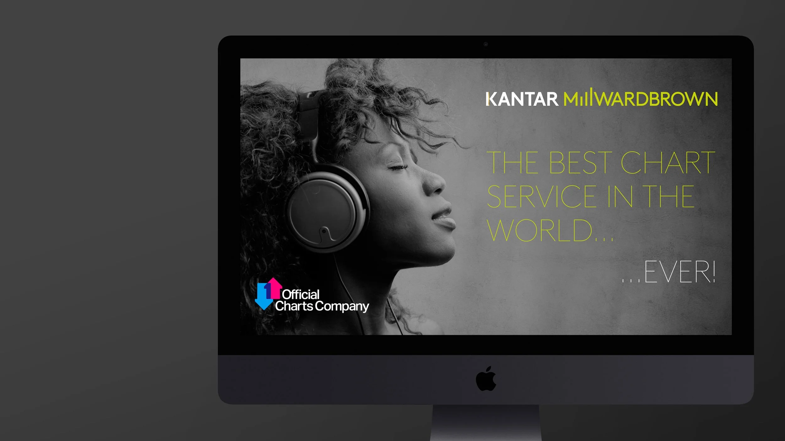 Black-and-white woman in headphones: Kantar Millward Brown pitch and brand design for The Official Charts Company. Went on to win the contract against competition from the likes of Spotify.