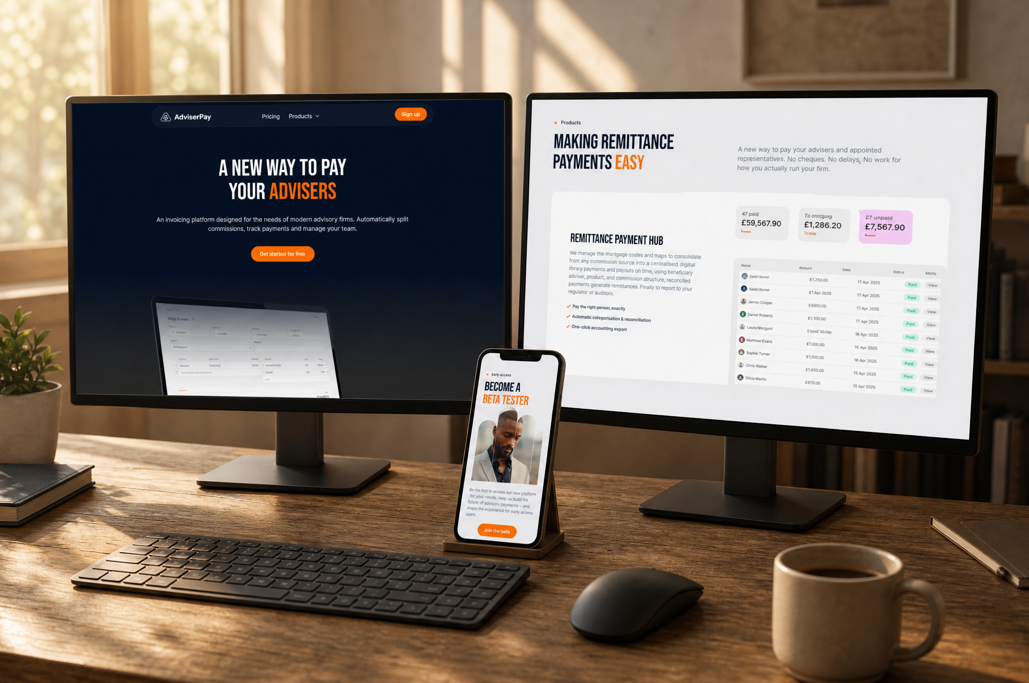 Two monitors and a phone: AdviserPay website and app designs on desktop monitors and a smartphone.