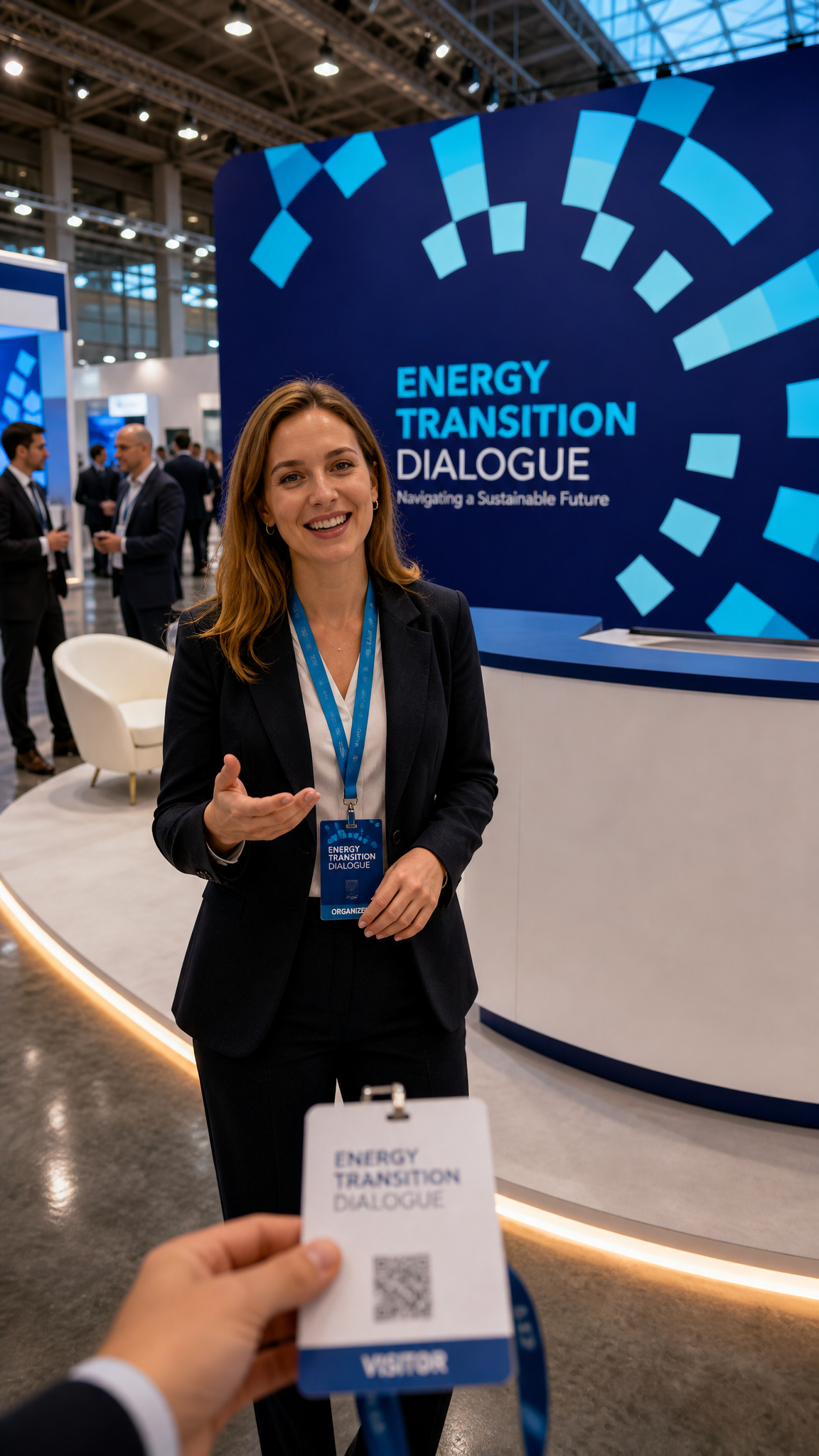 Woman with visitor badge: Visitor at the Energy Transition Dialogue stand at COP28, with the ring and segment graphic behind her.