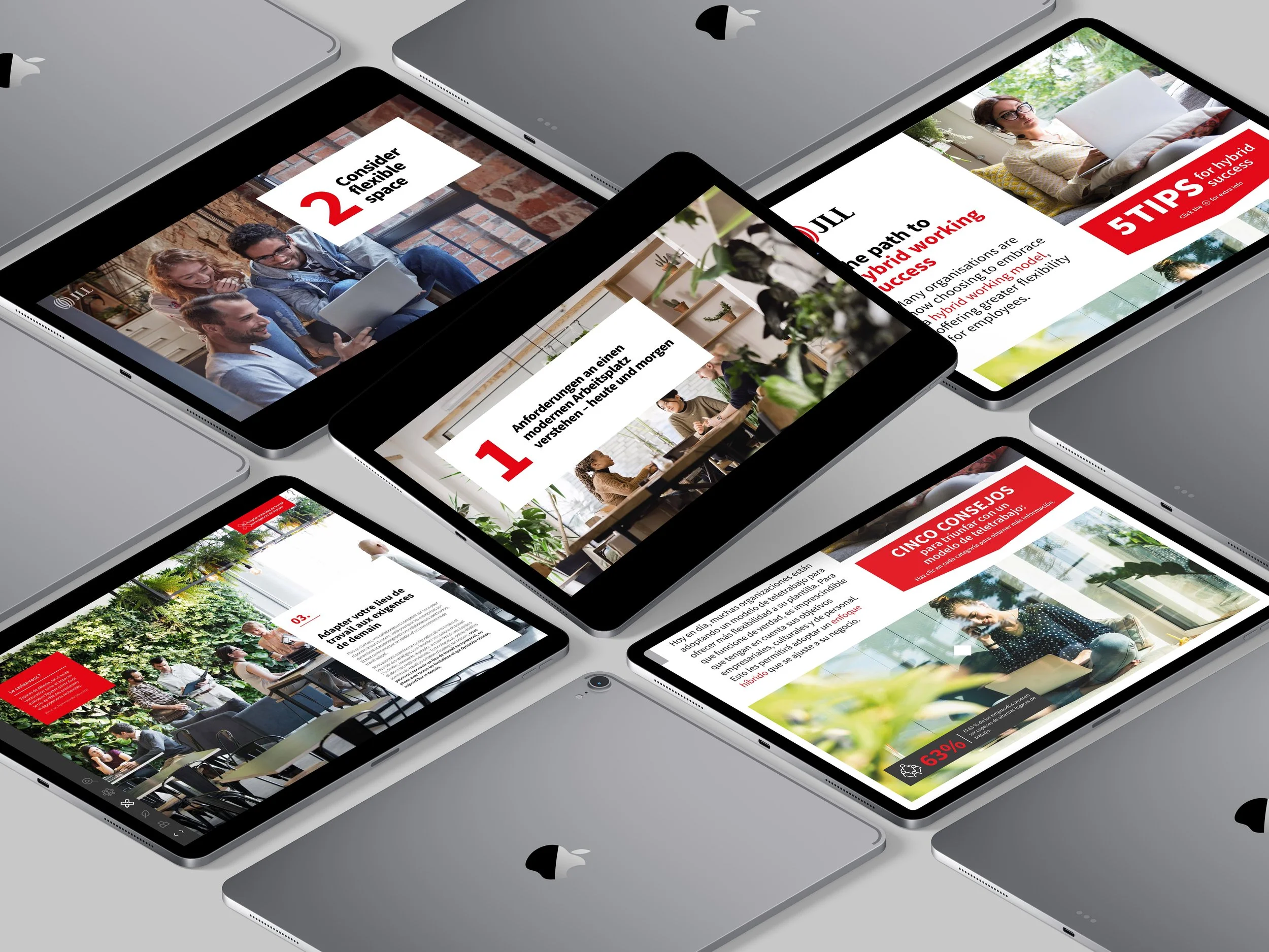 Stack of iPhones: JLL Business Fit campaign content shown across a set of tablets.