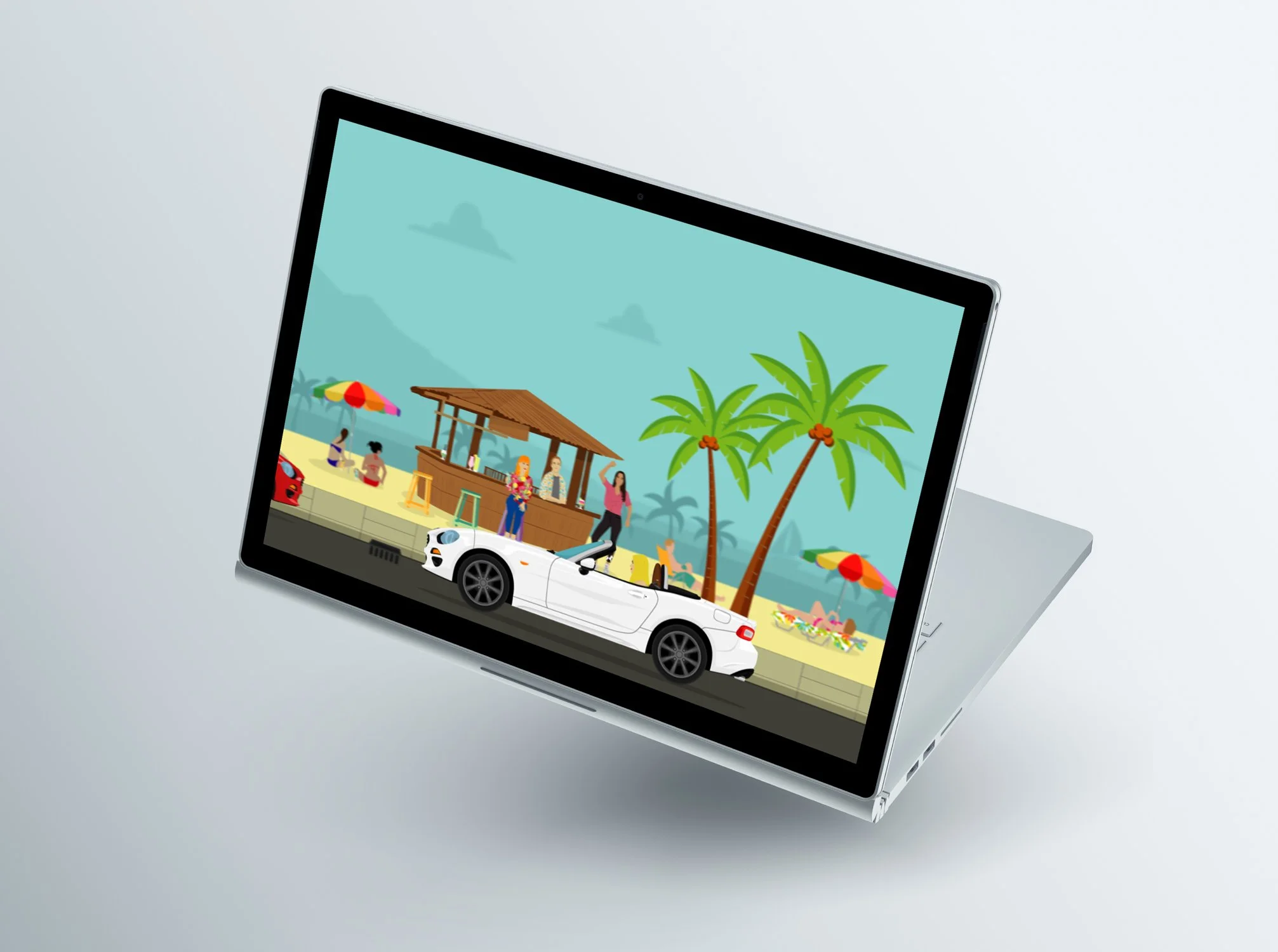 Beach illustration on a tablet: Illustrated animation scene of a beach bar and sports car, shown on a tablet. Kantar Millward Brown Creative work to support Shell EOY reports to the board on oils products across Truck, Car and Bike product lines.