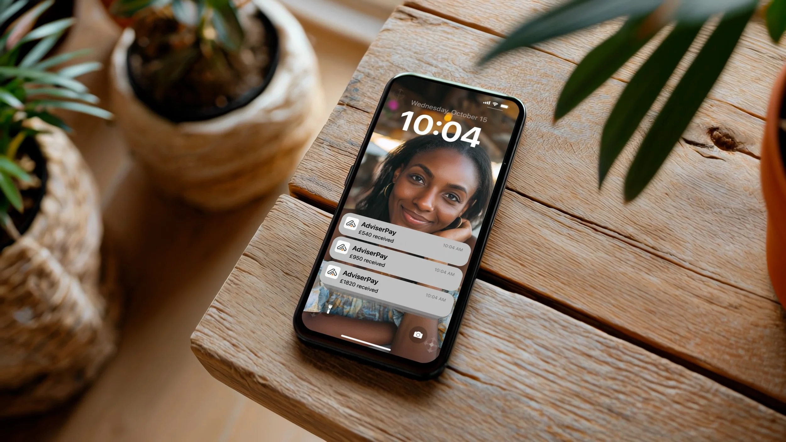 Phone with payment notification: AdviserPay payment notification on a smartphone lock screen.