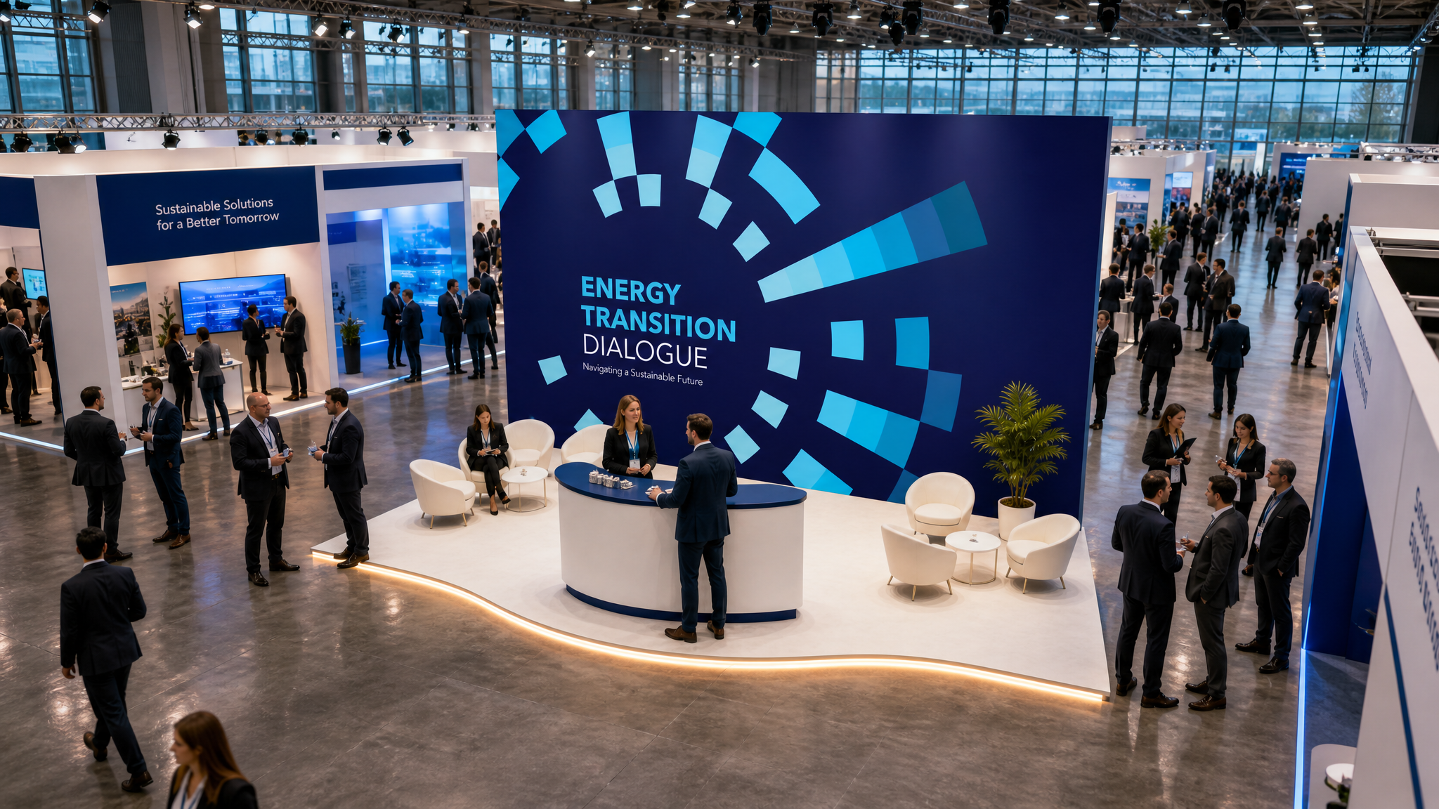 COP28 hall, wide: Energy Transition Dialogue exhibition stand at COP28, built around an interlocking rings design.