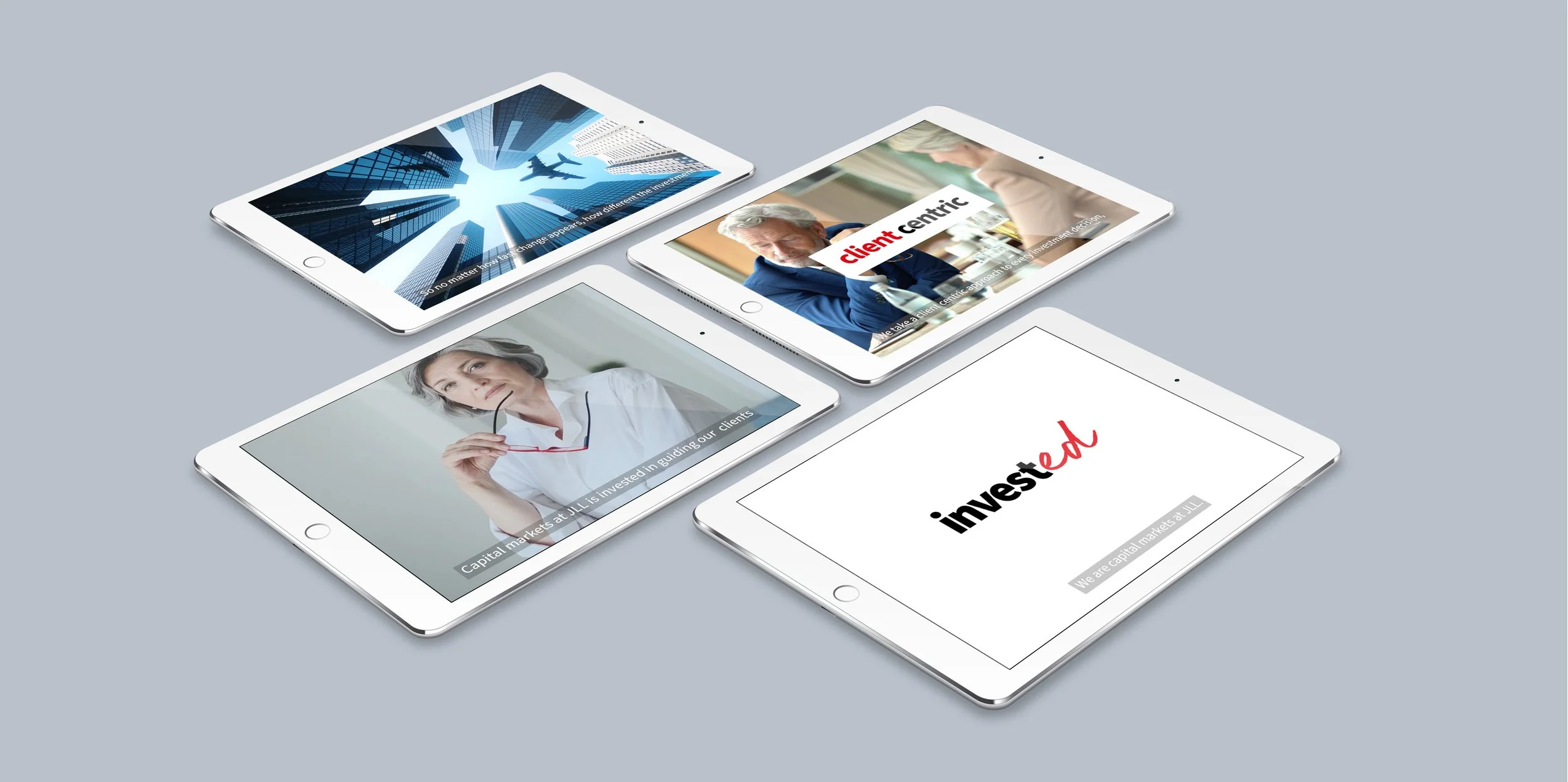Four tablets showing "invested": JLL Invested campaign shown on four tablets.