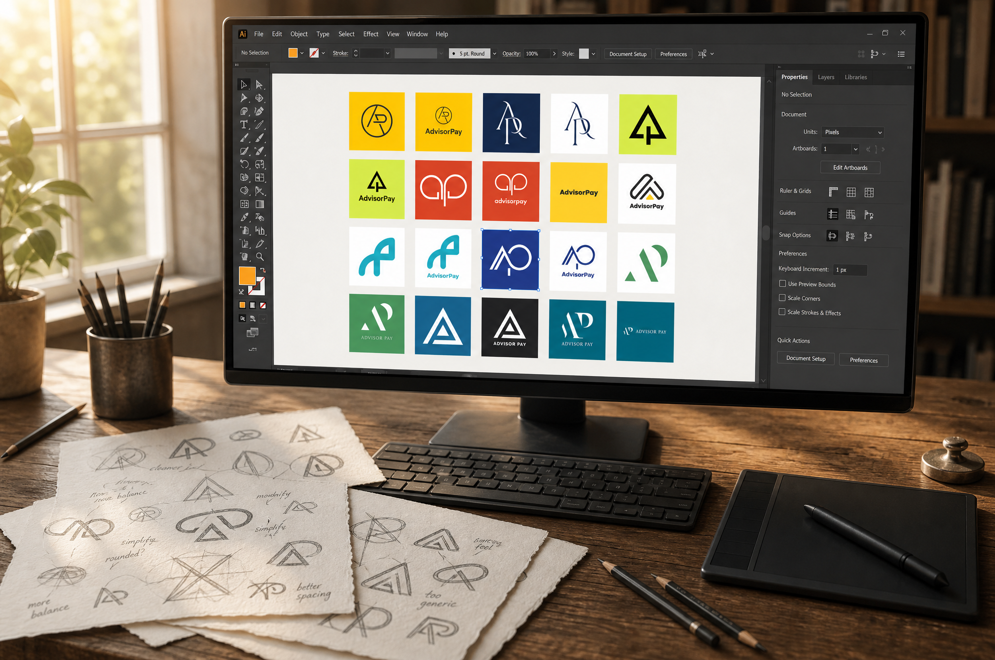 Monitor with logo grid: AdviserPay logo development, with concept options on screen and sketches on the desk.