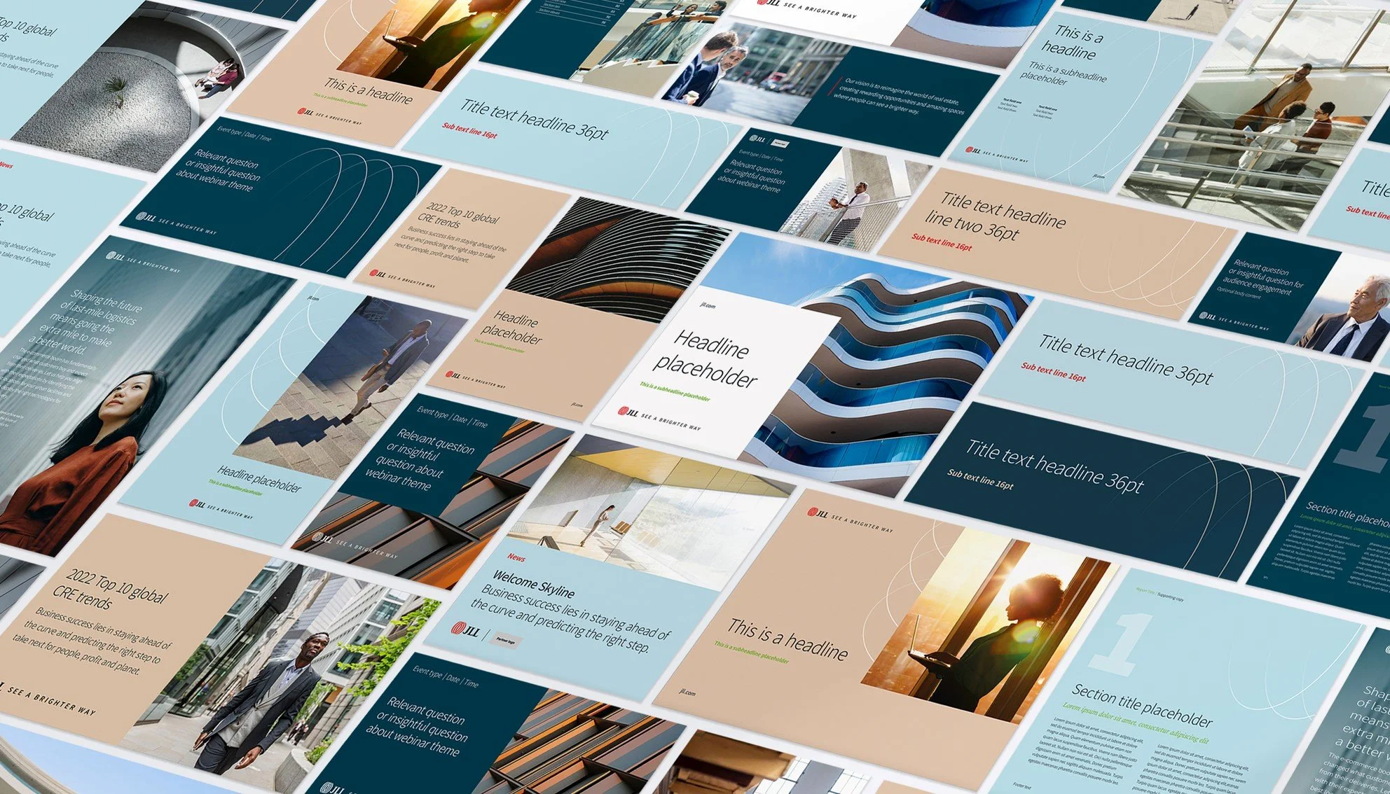 Collage of slides: Collage of JLL 2022 brand refresh templates showcasing the range of materials worked on for the Global refresh.