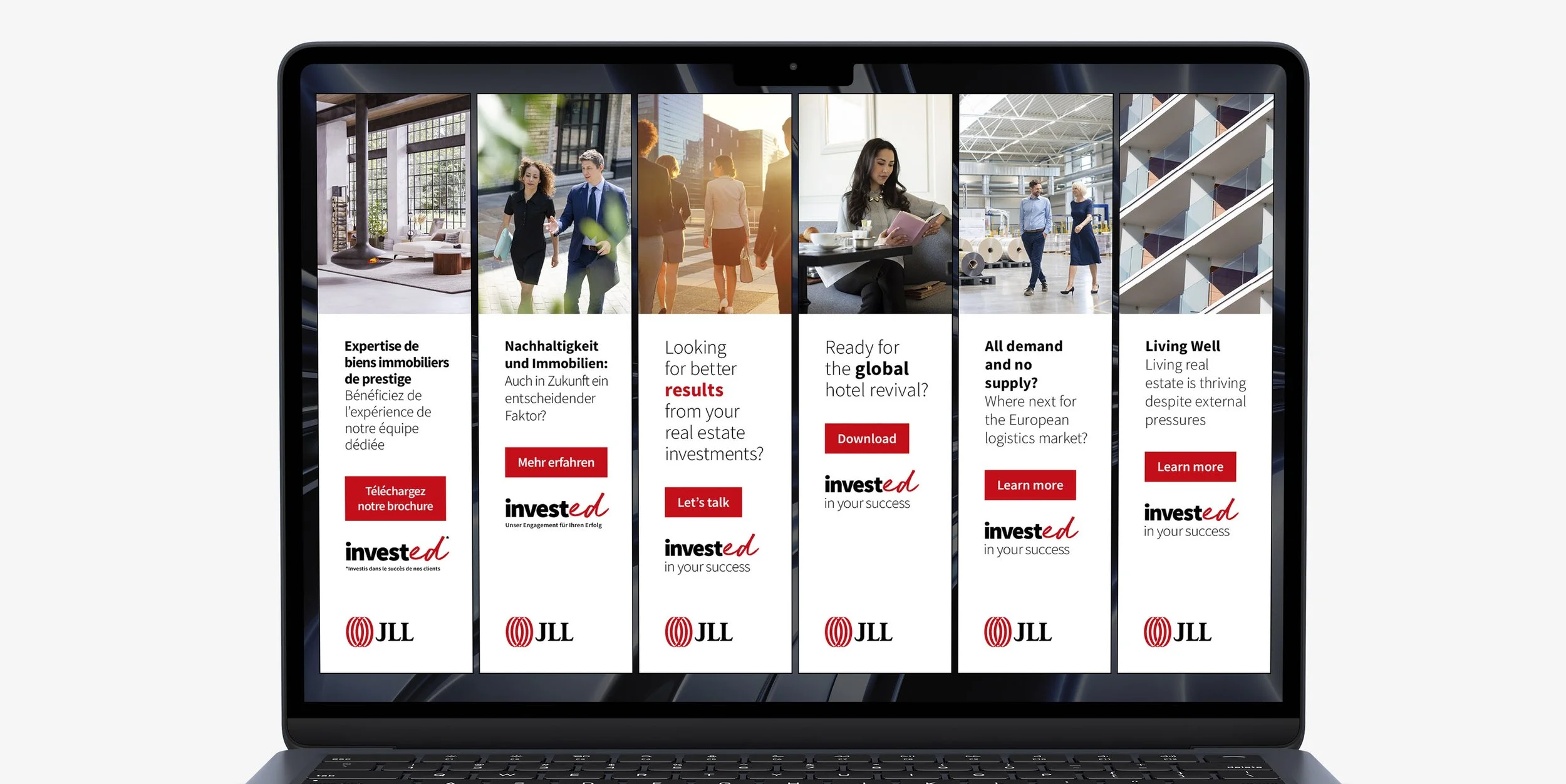 Digital display with "invest ed" ads: JLL Invested campaign: digital ads in English and German.