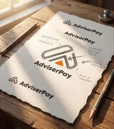 Torn paper with sketches: Early AdviserPay logo sketches and brand notes on paper.