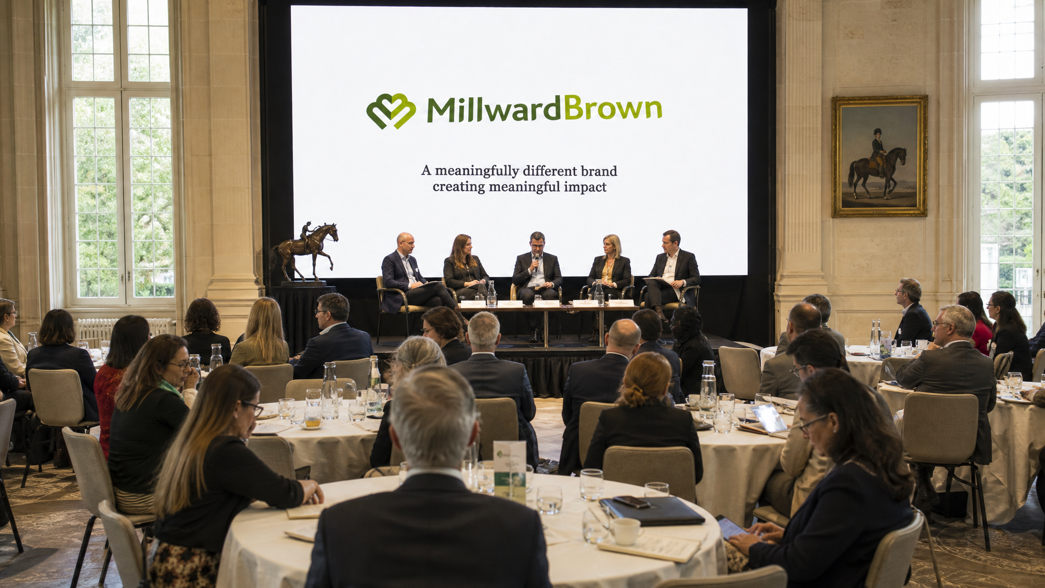 Millward Brown panel: Millward Brown panel event at Global Conference in Chantilly, France, with branded stage screen and audience at round tables. WD filmed and created all content used throughout the conference.