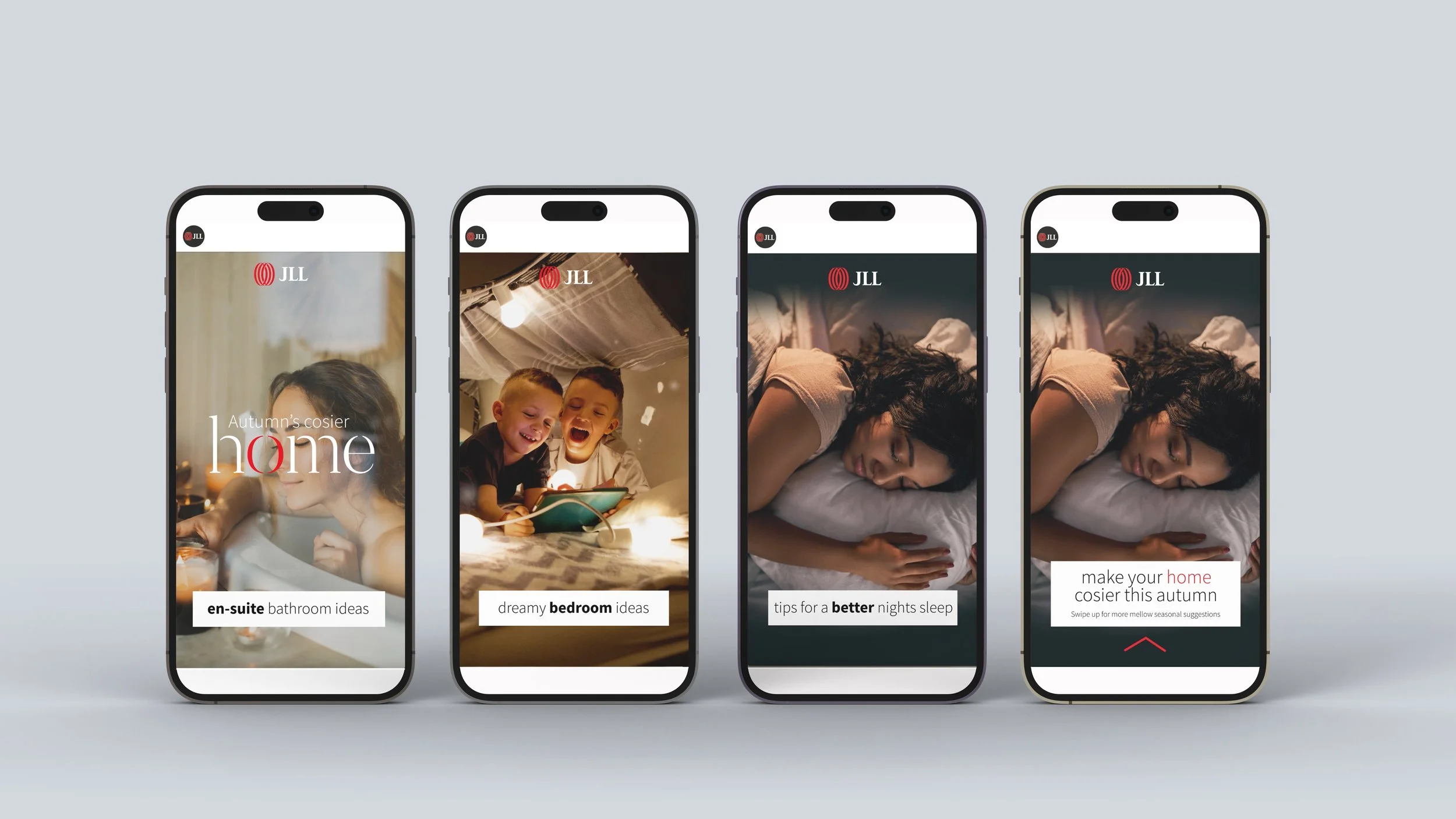 Four smartphones, interiors: JLL Home social content on four smartphones, featuring interior design imagery.