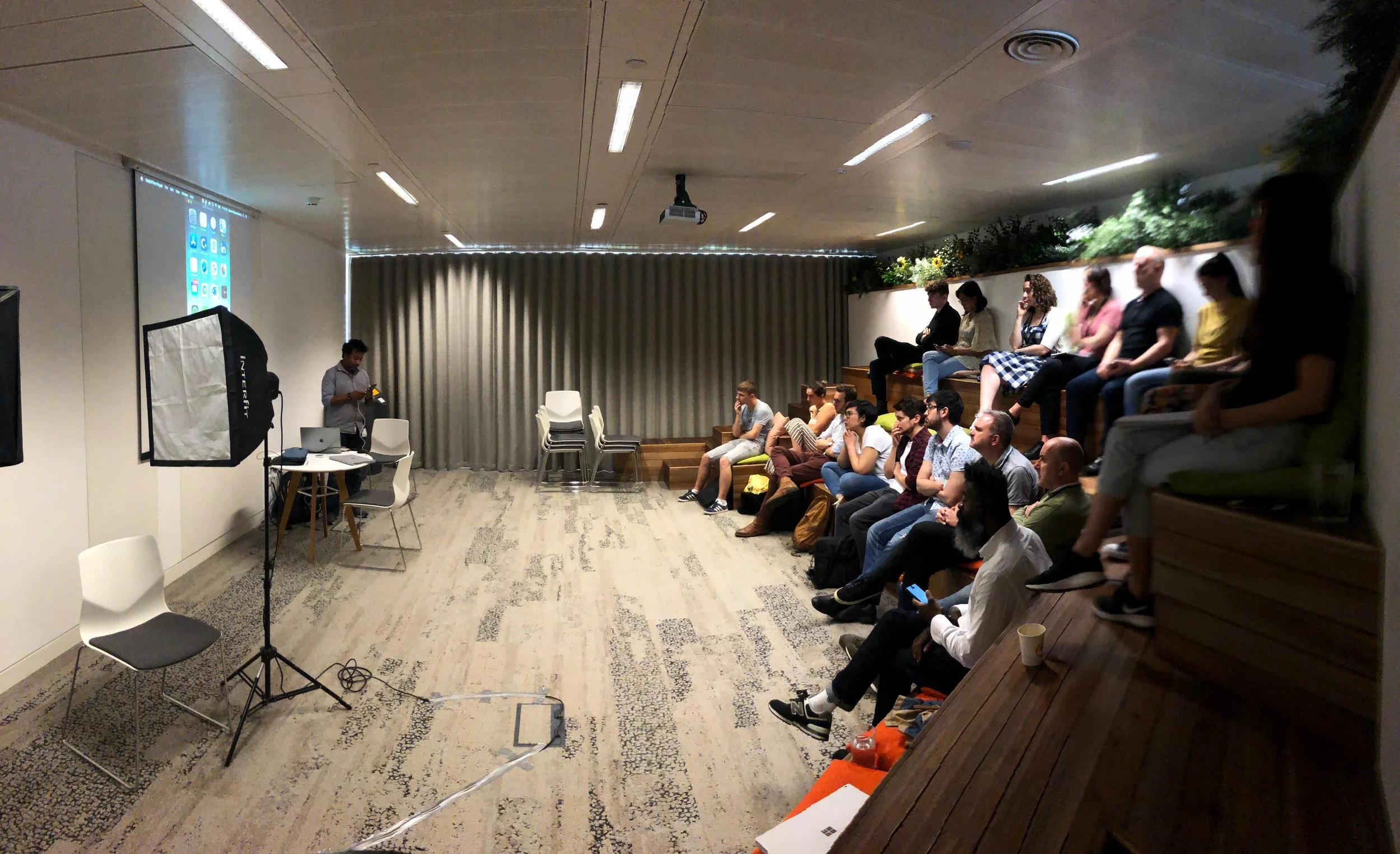 Tiered wooden seating: Jointly run Kantar / Adobe video workshop run for creatives. With Byron Wijayawardena.