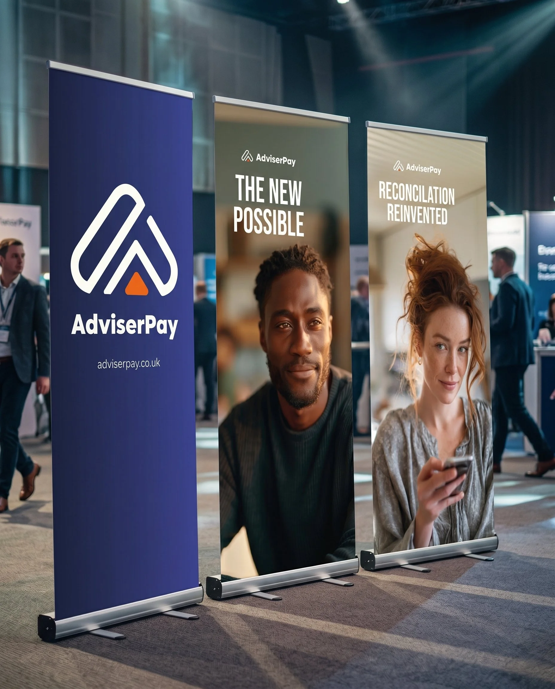 Three AdviserPay banners: AdviserPay pull-up banners at a conference, featuring the brand's AI-created characters.