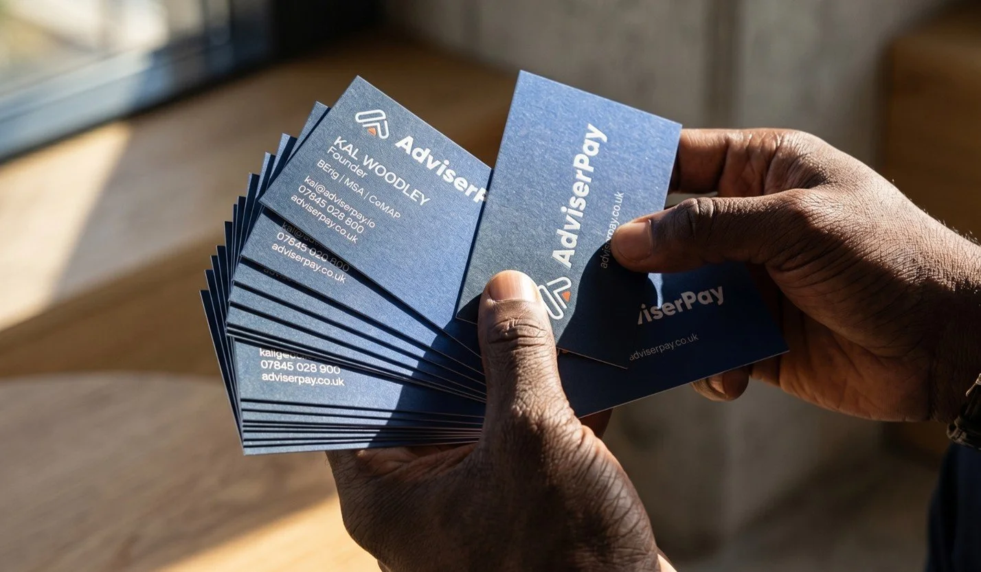 AdviserPay business cards: AdviserPay business cards in the brand's navy and orange identity.