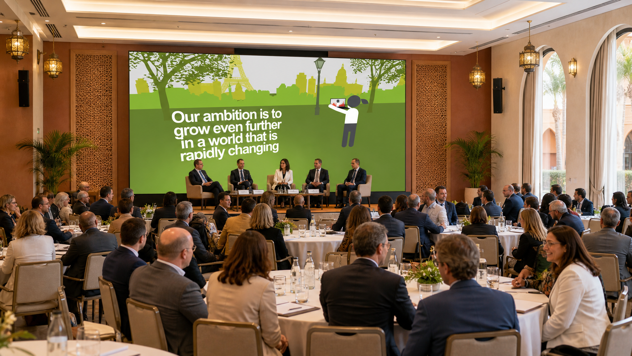 Panel with green screen graphic: Kantar Millward Brown Global conference Panel discussion on stage, with a green screen graphic of trees and city skylines behind the speakers. WD Creative filmed and created all event materials.