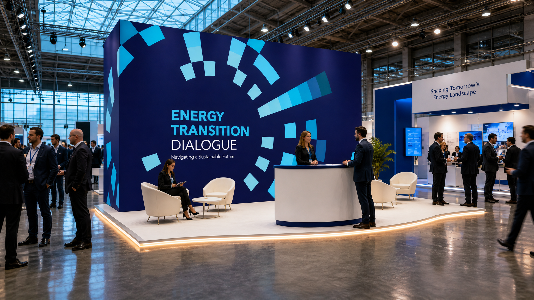 COP28 stand, closer view: Energy Transition Dialogue stand at COP28, with lounge seating and the rings graphic.