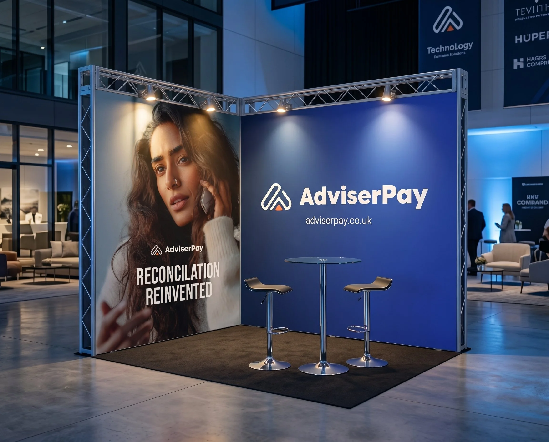 AdviserPay corner stand: AdviserPay exhibition stand with a character-led backdrop.
