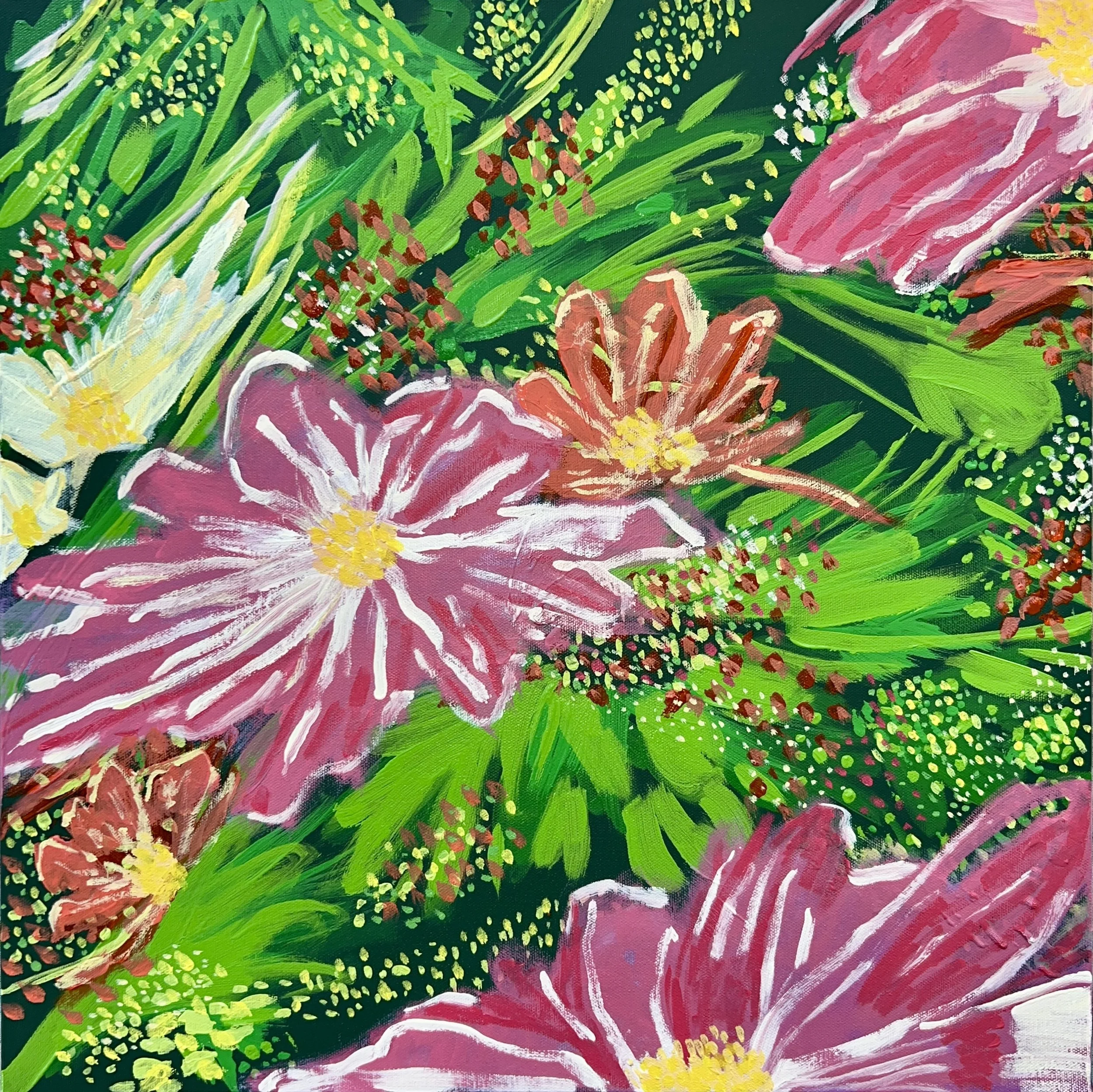 Bright, fresh florals, in movement, inspired by the feeling of spring and coming out of your winter cocoon by Bianca Eleanor Art.