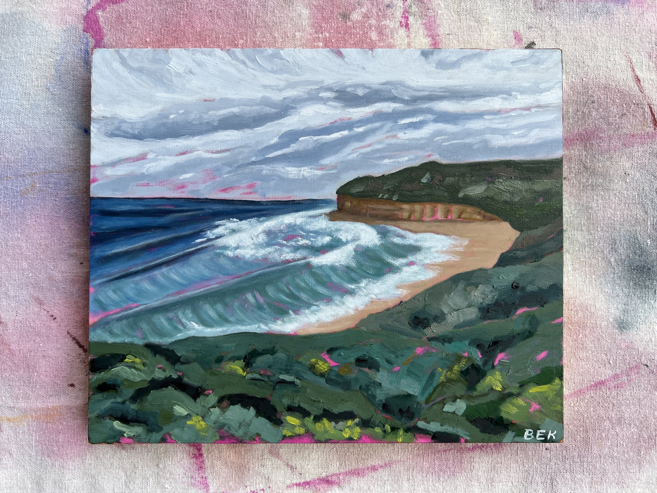 Expressive oil painting of Bells Beach on Victoria's Surf Coast by Geelong artist Bianca Eleanor.