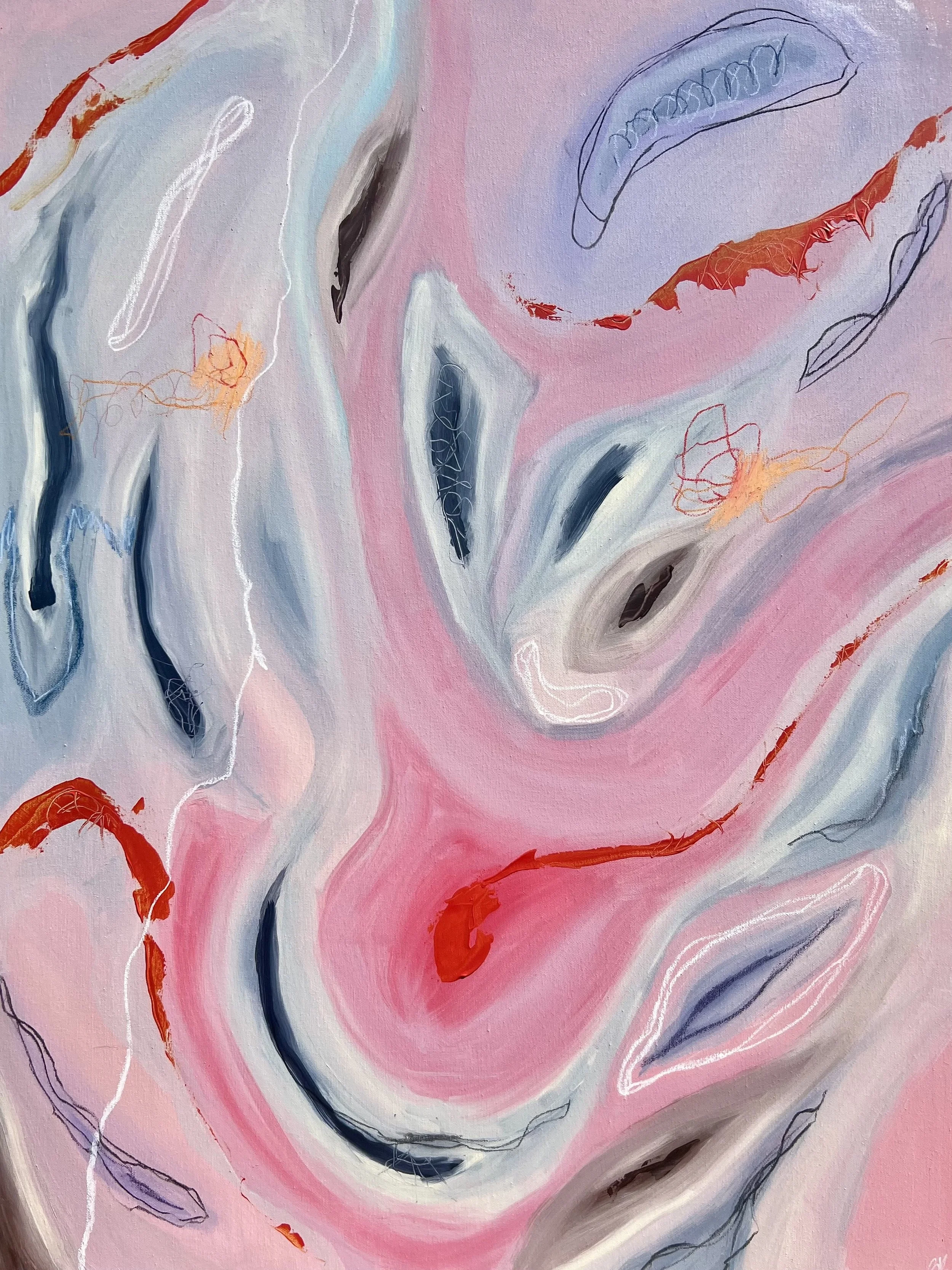 Pink acrylic painting, inspired by forms in nature, emotive by Bianca Eleanor Art.