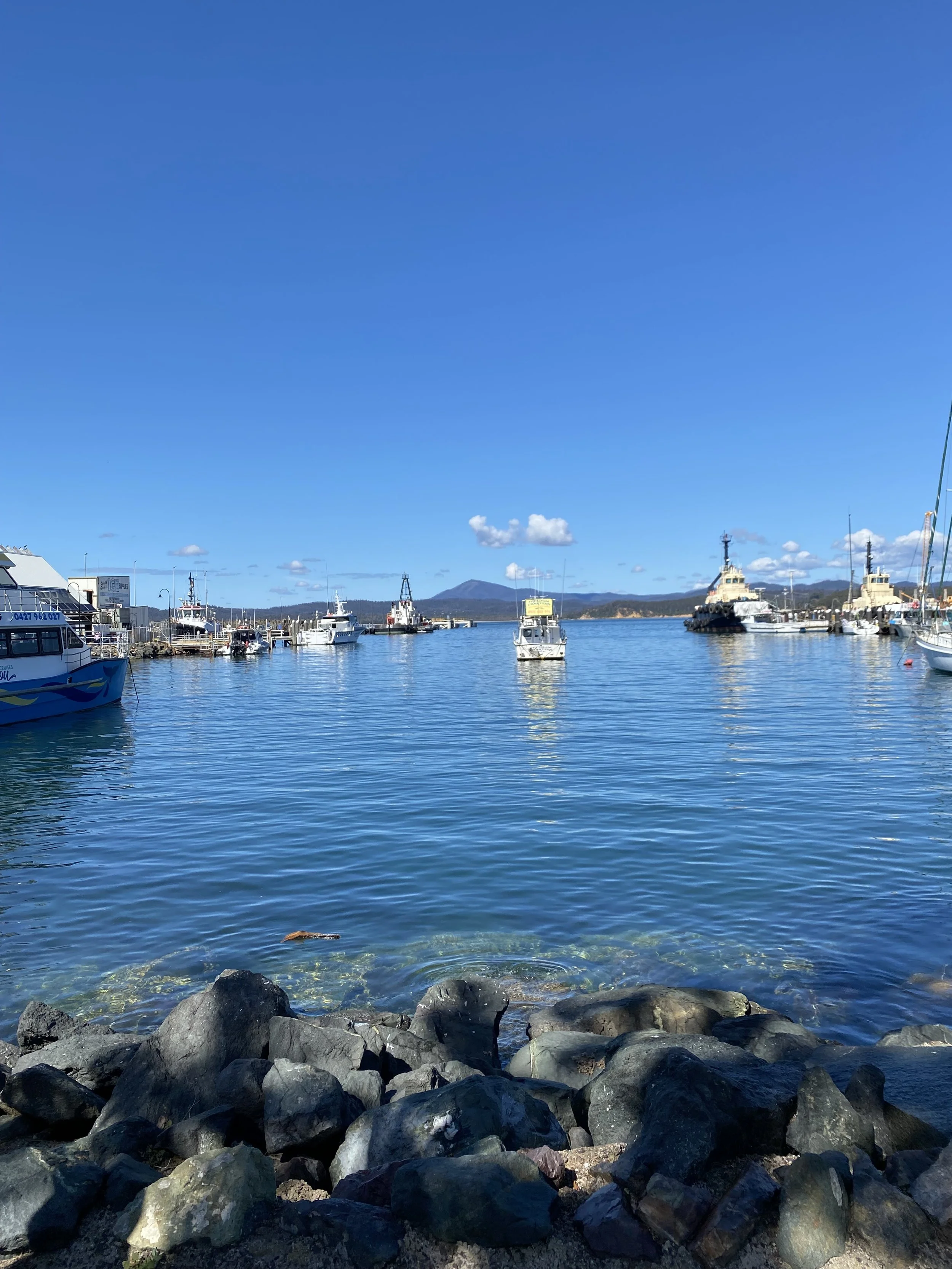 A harbor with boats docked, calm blue water, rocks in the foreground, and a sky with a few scattered clouds.