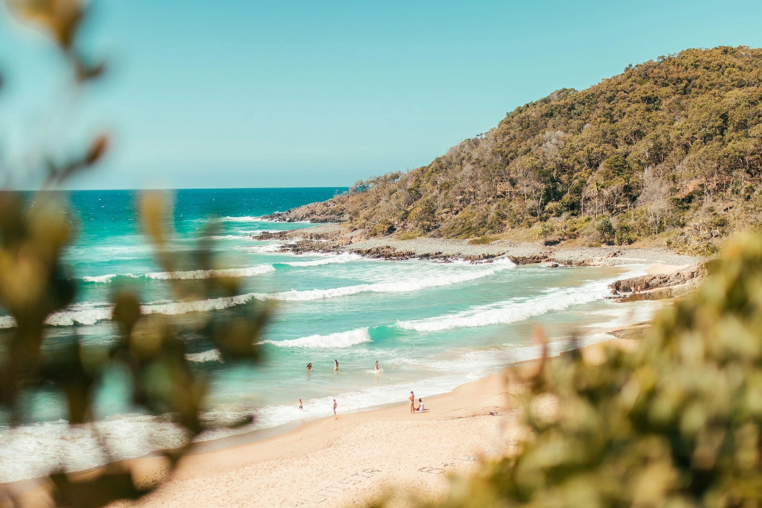 A beach with turquoise water and waves crashing onto the sandy shore. Several people are swimming and relaxing on the beach, with a tree-covered hillside in the background. Blurred foliage frames the scene in the foreground.