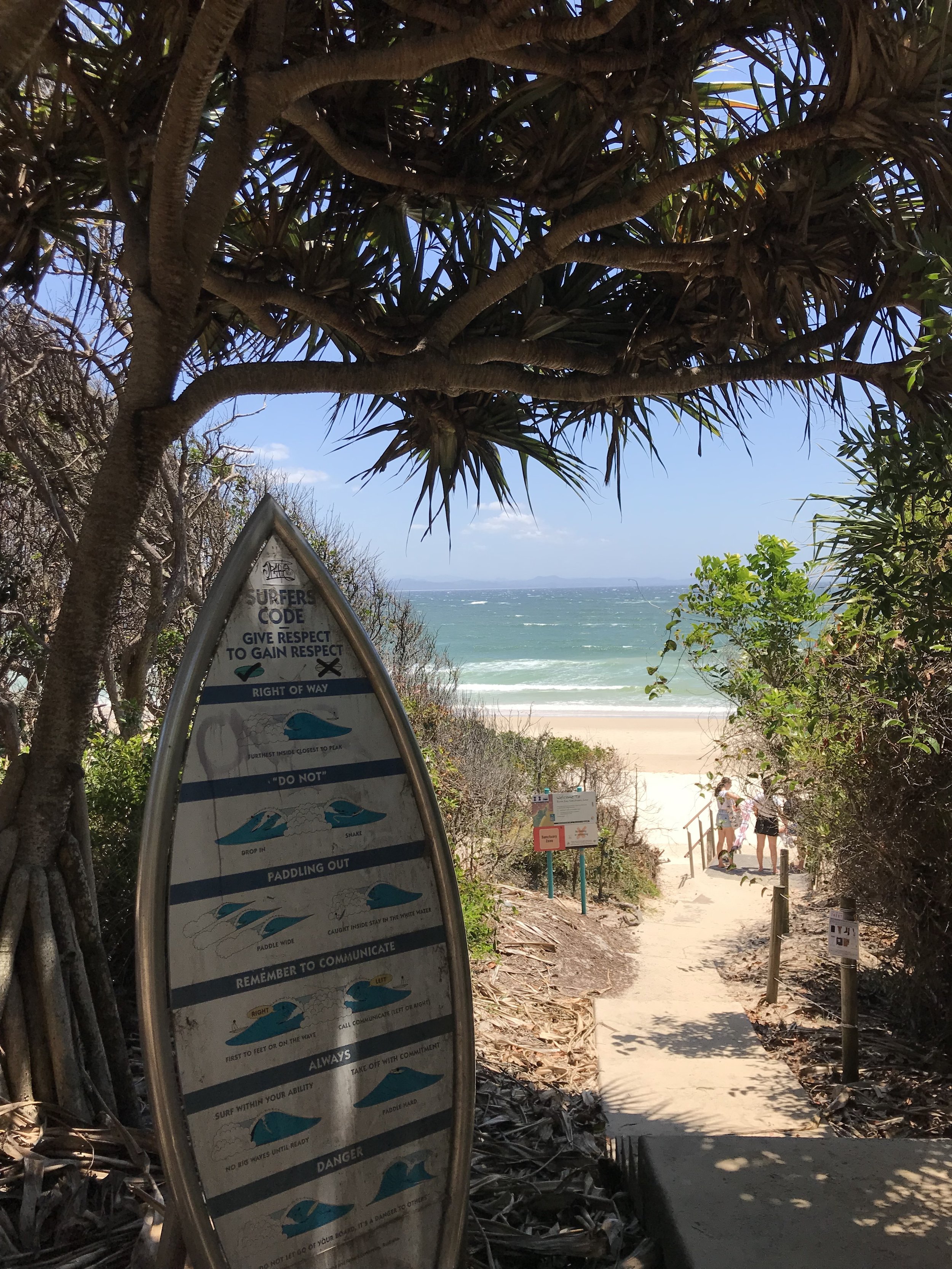 Path through beach vegetation leading to sandy beach and ocean, with people walking and surf safety signs in foreground.