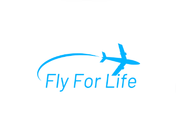 Logo with an airplane, a curved trail, and the text 'Fly For Life' in blue.