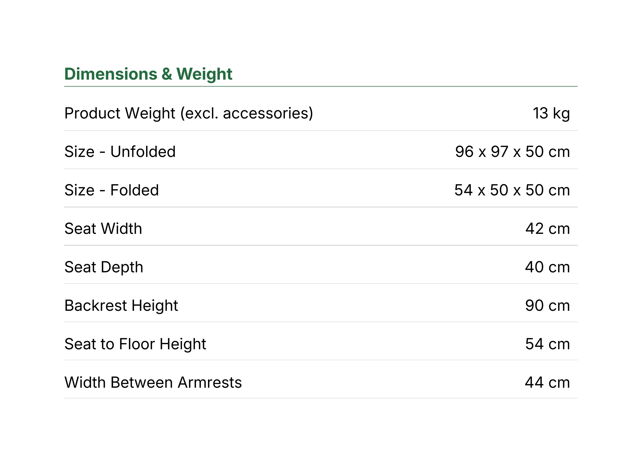 A table chart showing dimensions and weight specifications for a product.
