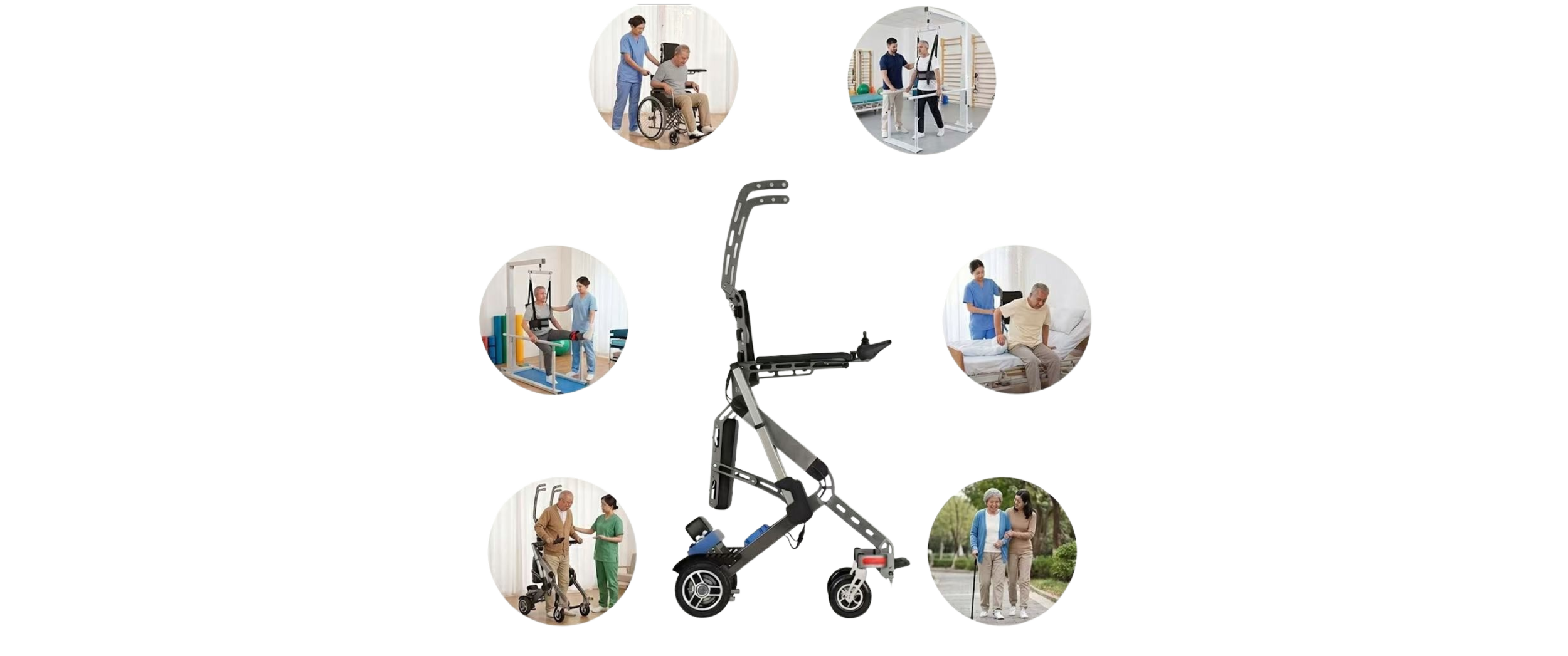 A robotic wheelchair assisting elderly and disabled people in various activities such as walking, physical therapy, and rehabilitation in different settings including hospitals, gyms, and outdoor environments.