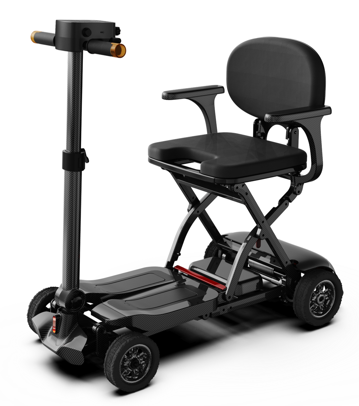 A black electric scooter with a seat, handlebars, and four wheels.