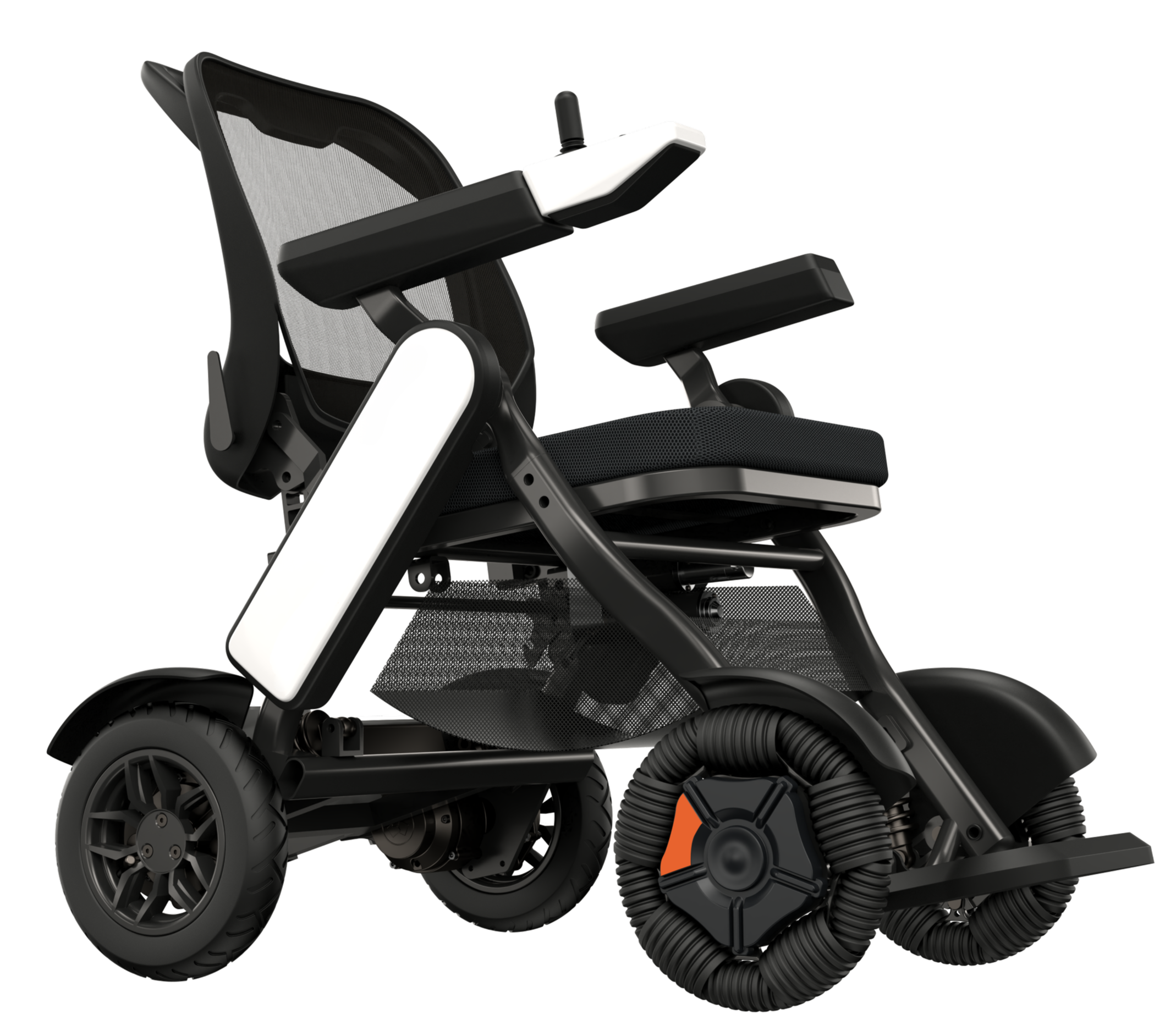 Close-up view of a modern electric wheelchair with black wheels, black seat, and white frame, showing the armrests and part of the footrest.