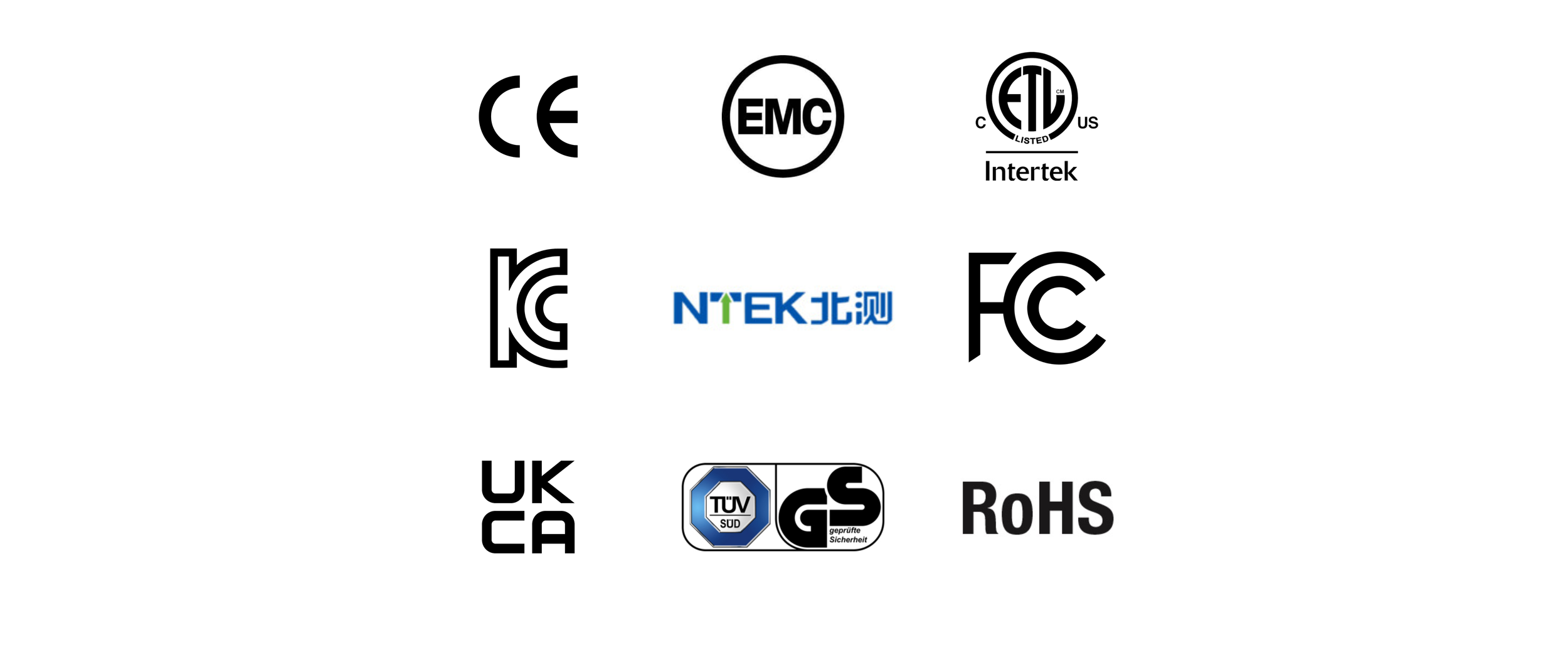 Collection of certification and compliance logos, including CE, EMC, ETL, KC, NTEK, FC, UKCA, TÜV SÜD, GS, and RoHS.