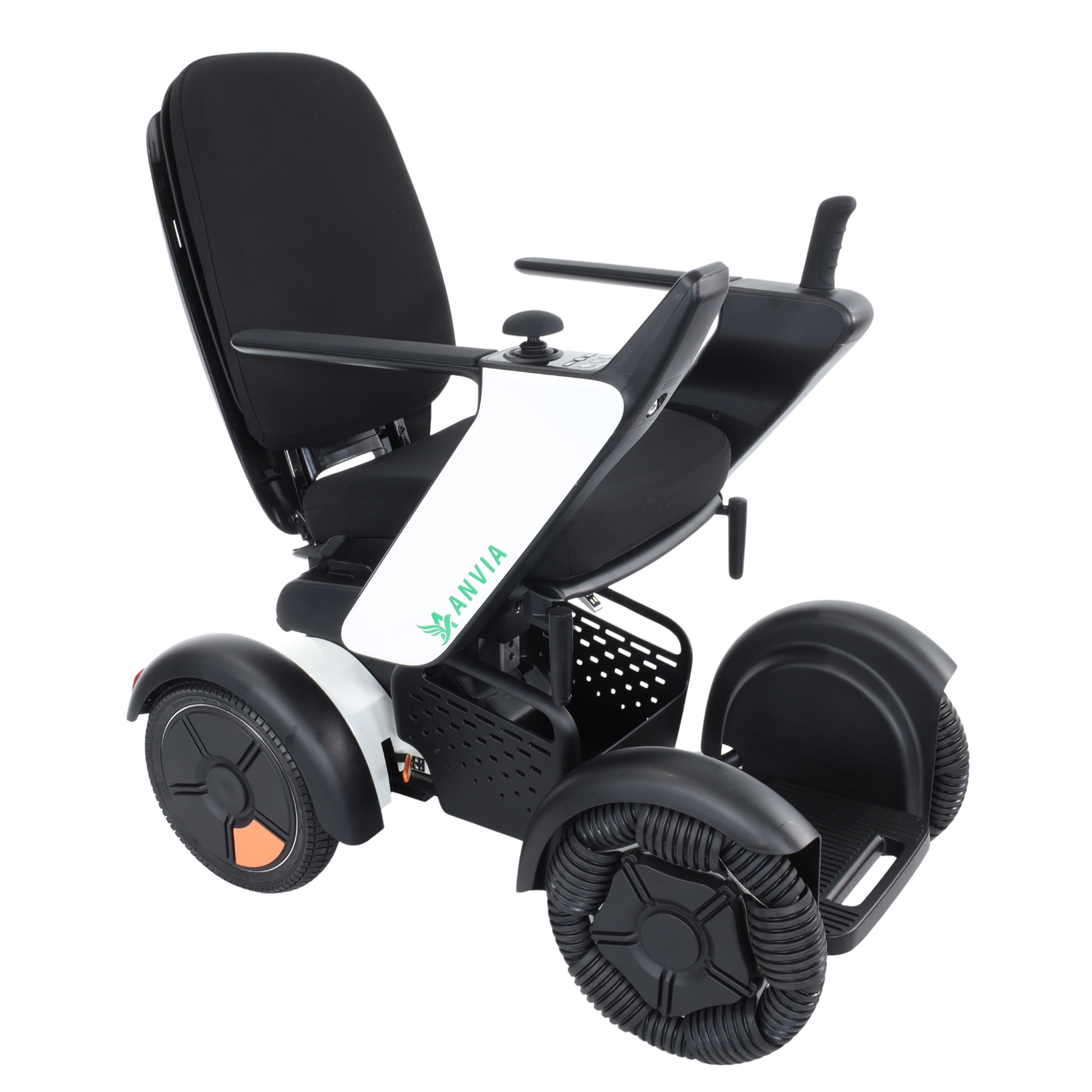 Electric mobility scooter with a black seat, joystick control, and large black wheels, branded with 'ANVIA'